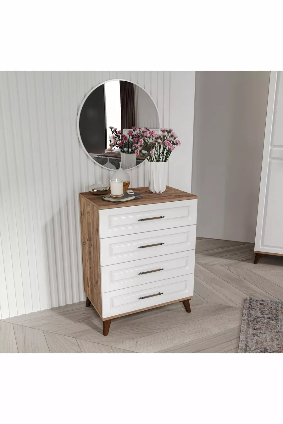 Camera da letto completa in MDF Sport con 6 ante, pino atlantico-bianco (con base)