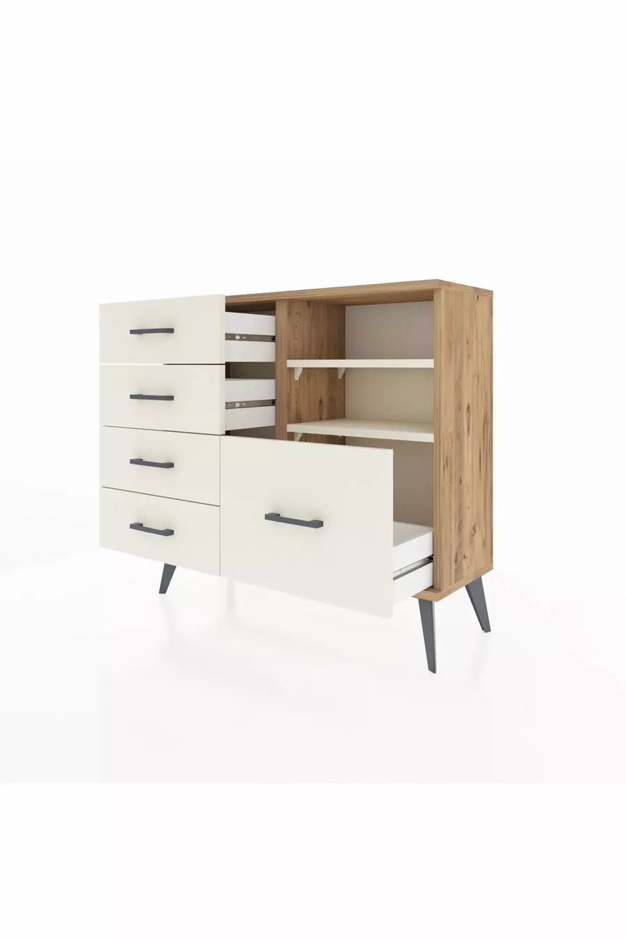 Commode Arges 2 étagères 5 tiroirs Pin-Pierre de lave