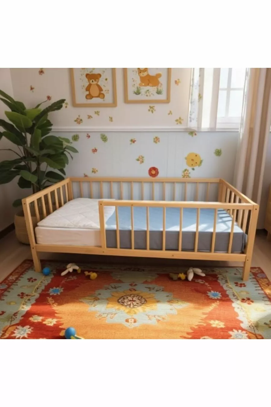 Letto per bambini rotondo in legno massiccio naturale con doghe, con piedi, dimensioni cm X cm