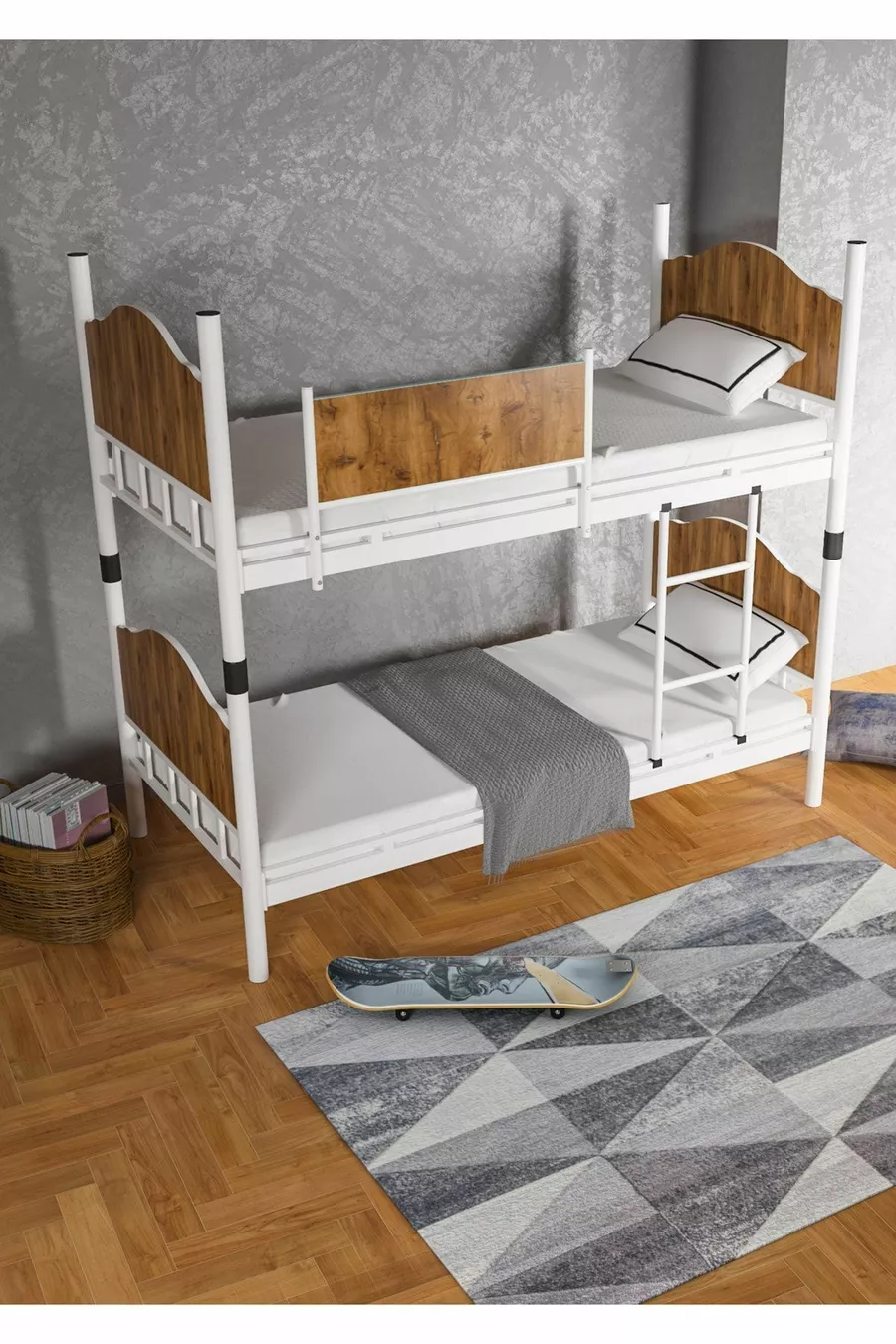 Metall-Etagenbett mit Holz, Weiß-Nuss Farbe (ohne Matratze)