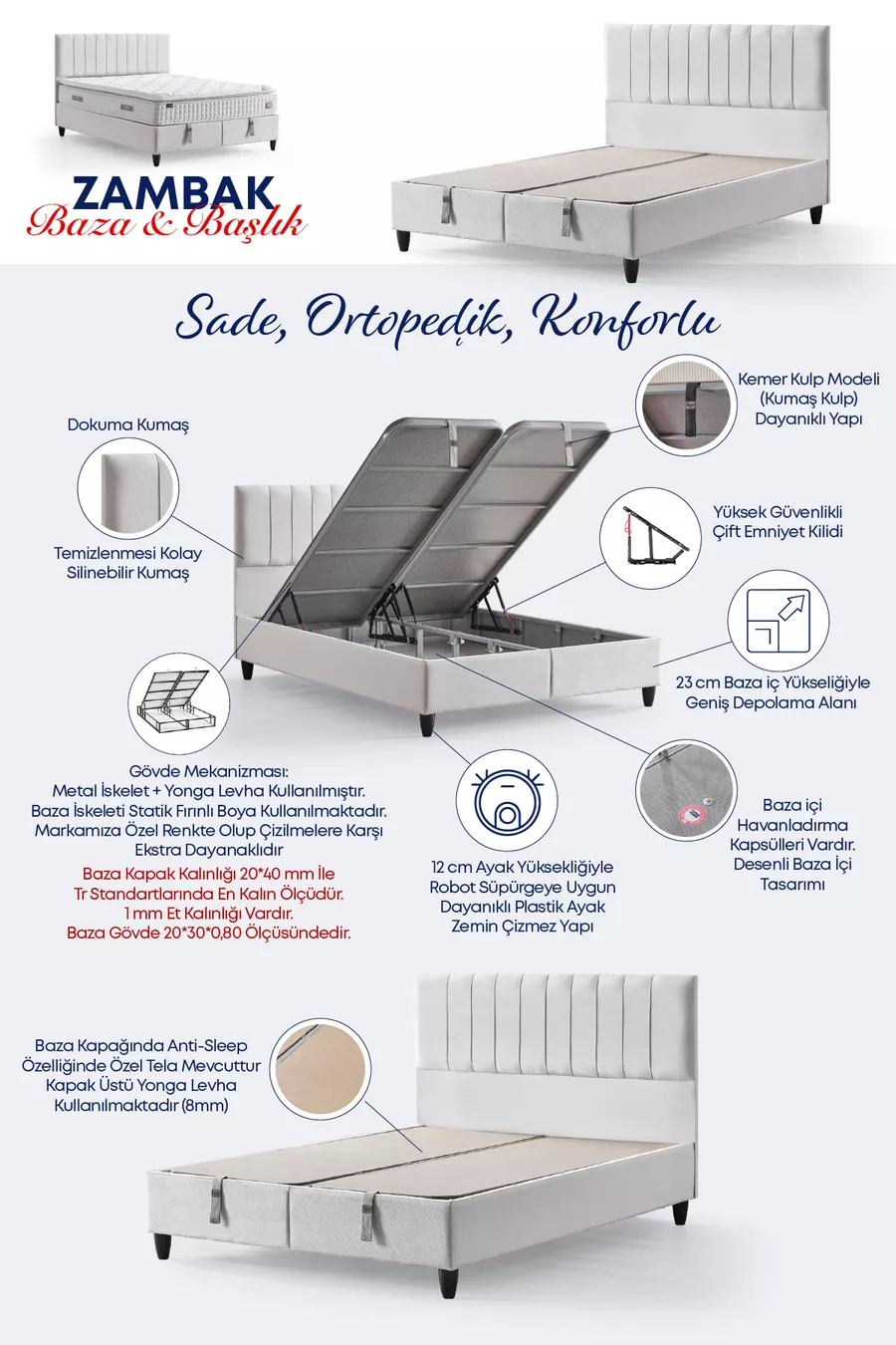 Ensemble 3 pièces Zambak Modèle Lit Double Orthopédique Complet avec Sommier à Lattes et Tête de Lit