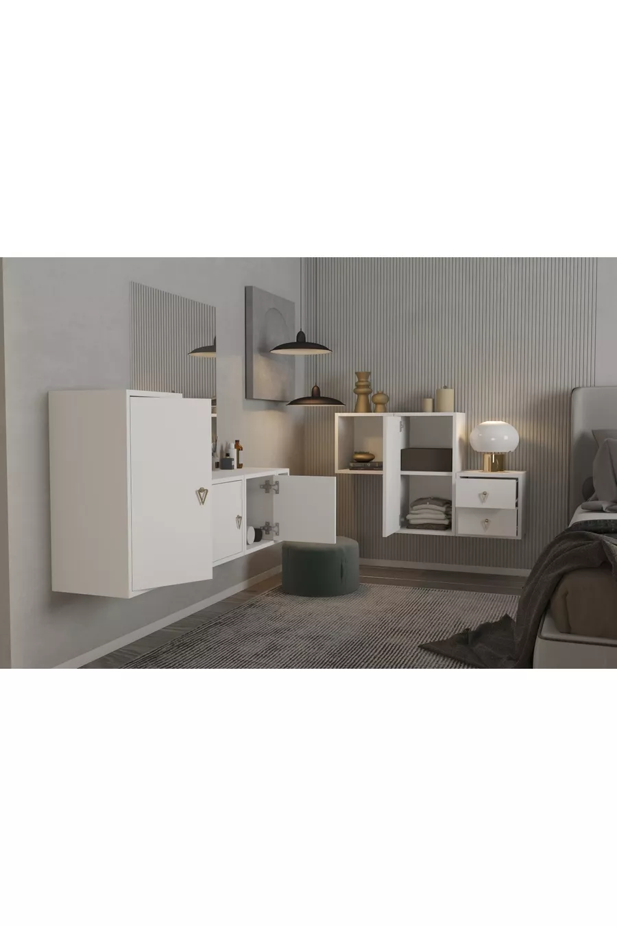 Set camera da letto modulare con armadio a cassetti con ante e set di scaffali