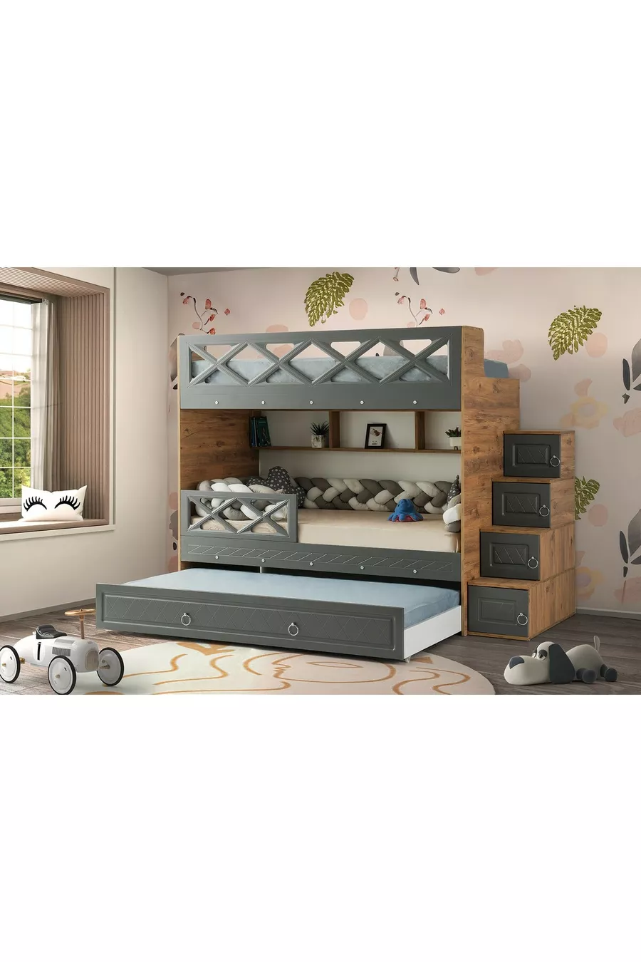 Mars Loft Bed with Storage, Anthracite & Wood, Steel-Supported Membrane Coating MDF