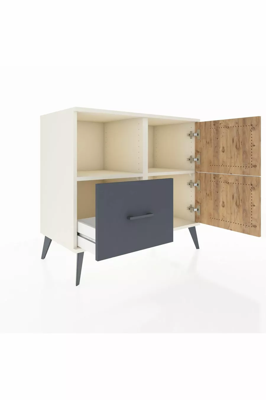 Commode Hyperion à 2 étagères, 1 tiroir, 2 portes, Pierre de lune-Pin/Anthracite