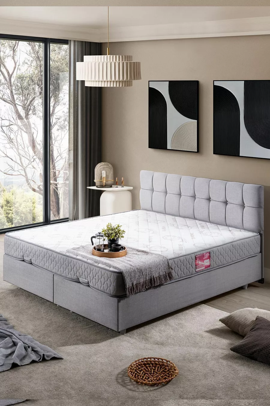 Berlin Çift Kişilik Baza Başlık Letto Yatak Seti, Açık Gri