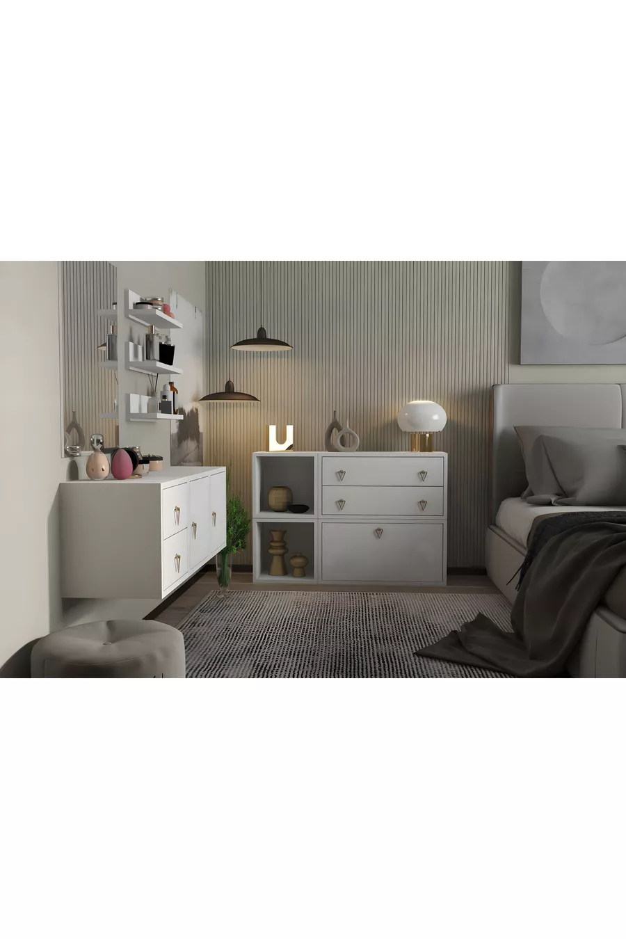 Ensemble de chambre à coucher modulable avec mur, chambre à coucher et dressing, blanc