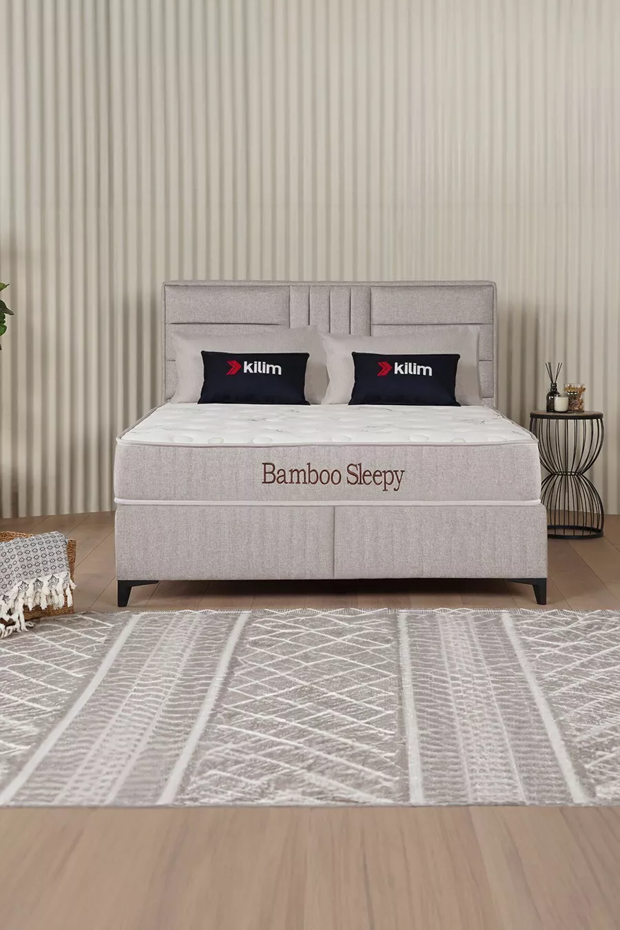 Bamboo Sleepy Bettgestell mit Stauraum und Kopfteil Set Beige (BETT NICHT INKLUSIVE)