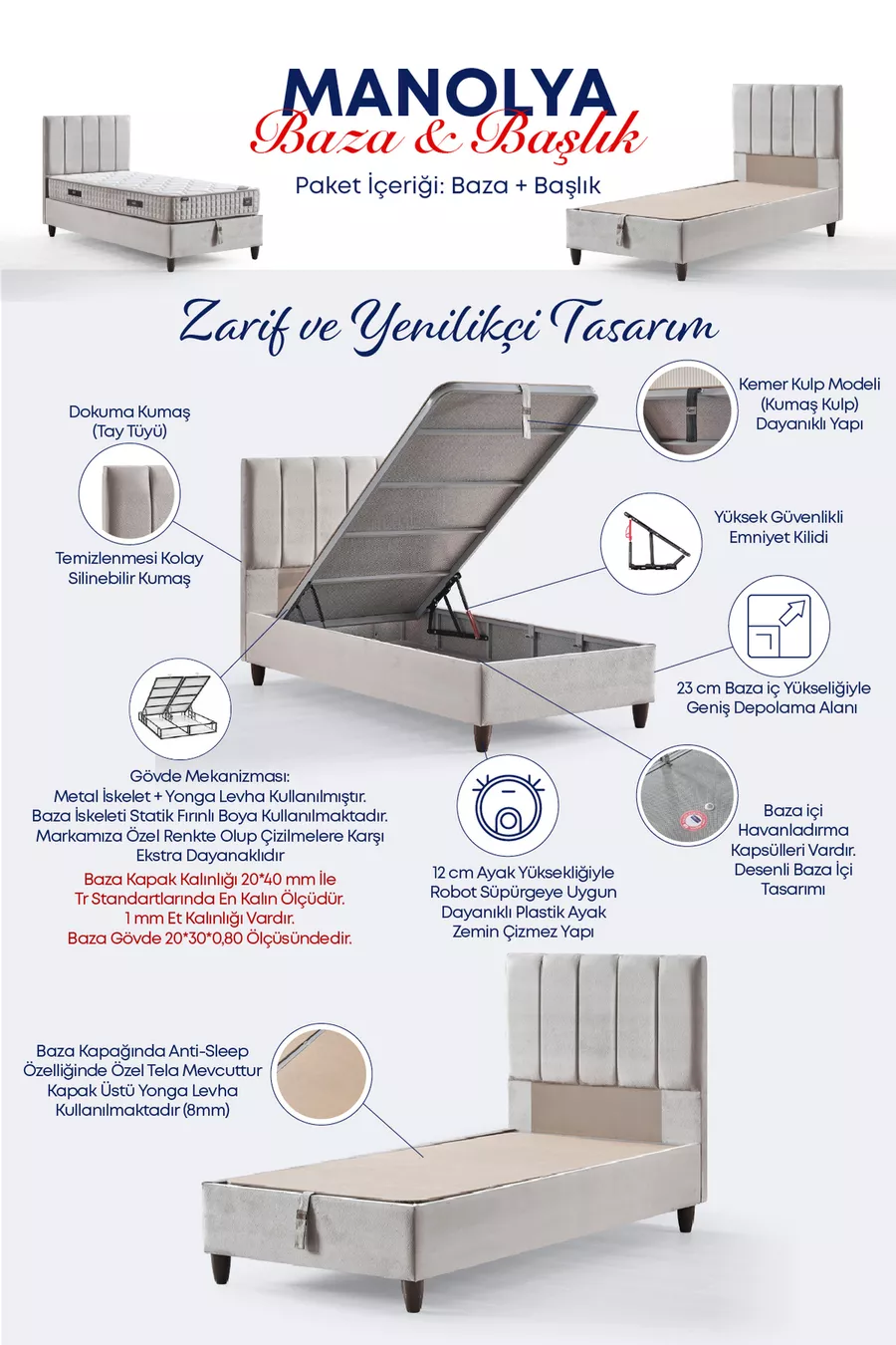 Manolya-Serie Einzelbett mit Bettkasten und Kopfteil + Komplettes Orthopädisches Paket Federkernmatratzen-Set 3-teilig