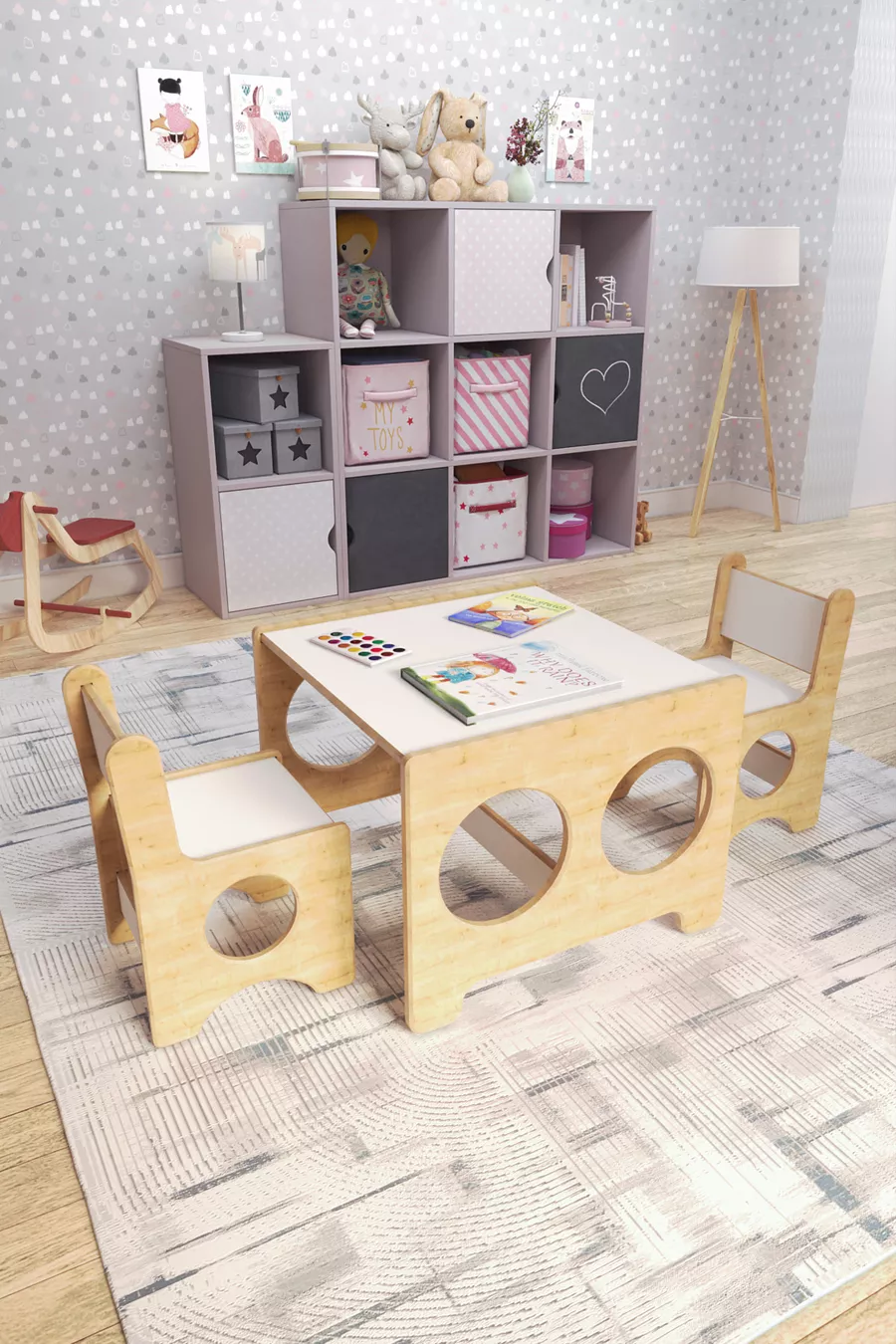 Table de jeu, d'activités et de travail Montessori pour enfants avec 2 chaises