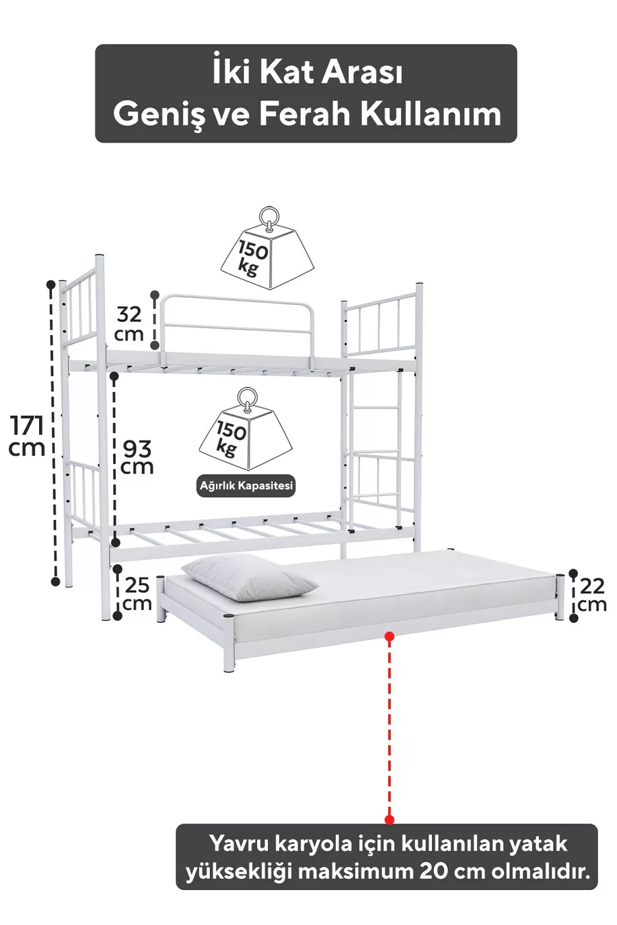 Lit superposé Tekno avec tiroirs, compatible lit, pour 3 personnes, en métal blanc