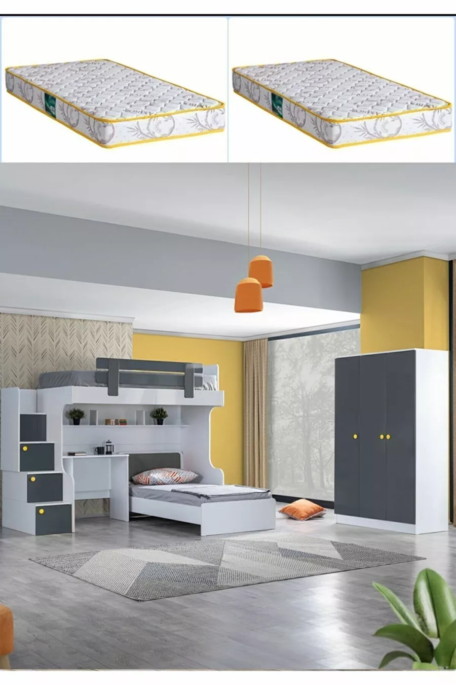 Bunk Bed, Metris Bunk Bed, Bed Frame, Desk, 3-Door Wardrobe, 2 Comfort Mattresses