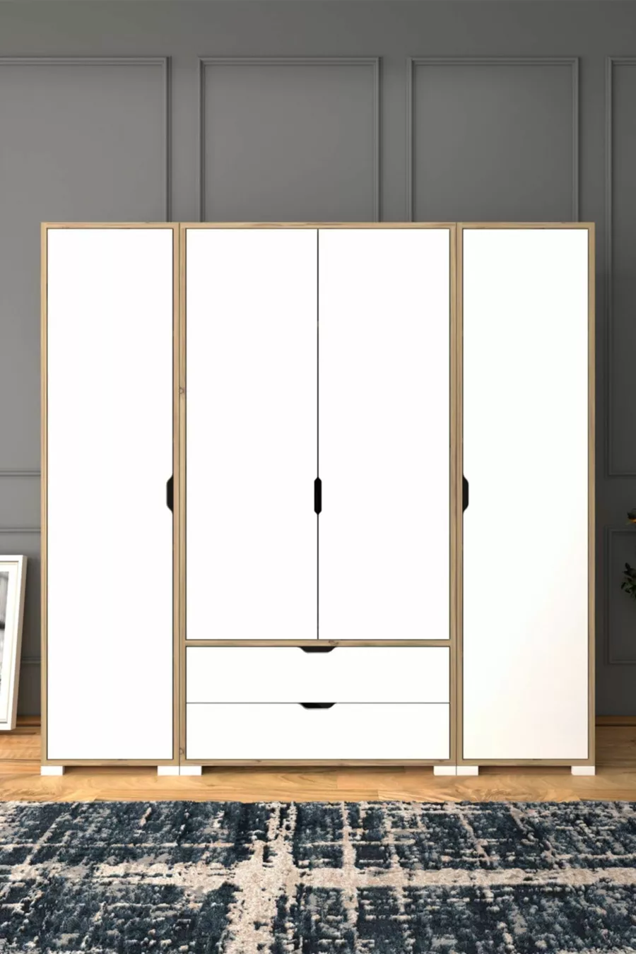April Light Walnut-White 4-Door 2-Drawer Wardrobe - Closet Set