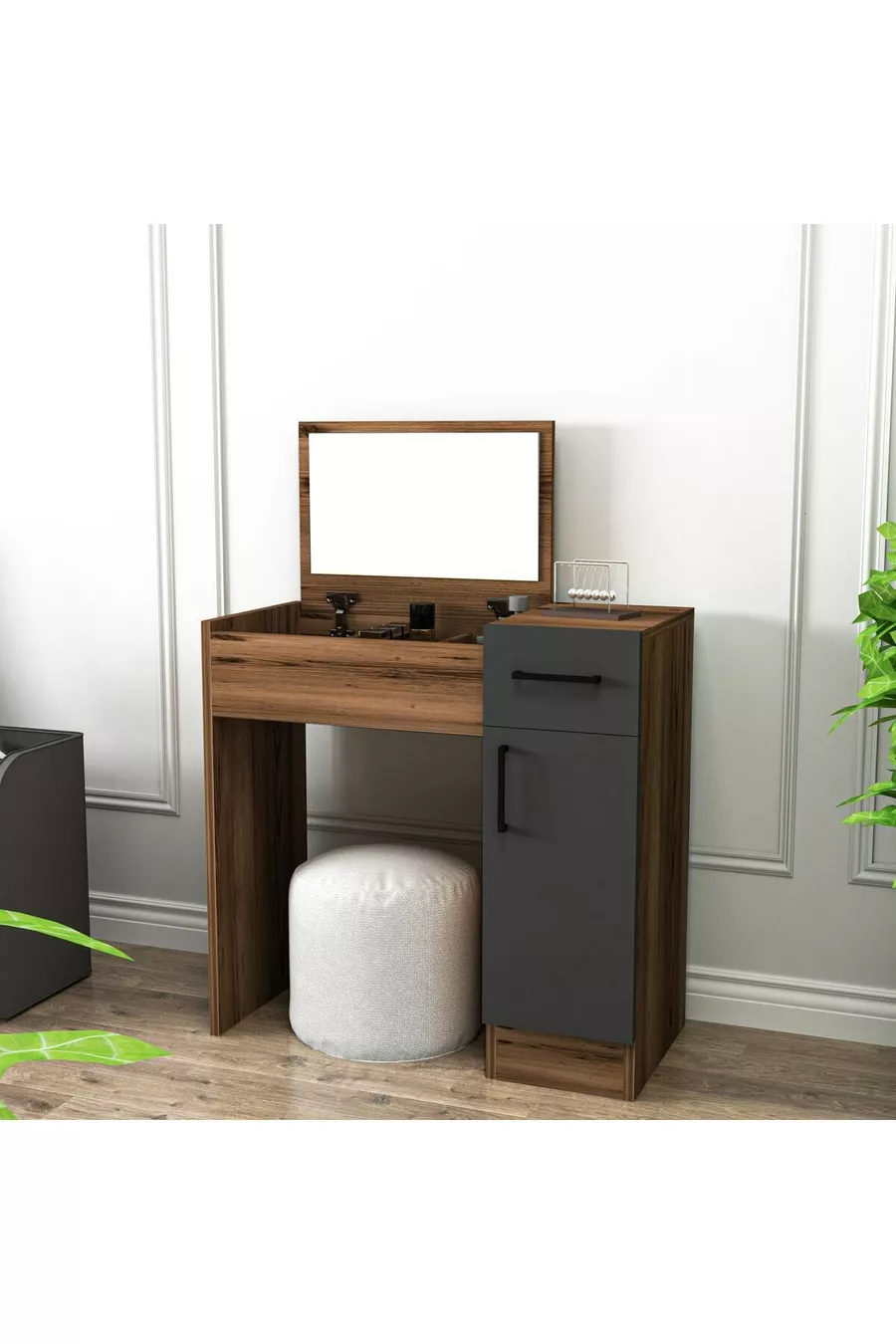 Make-up tafel met spiegel en kast, kleur walnoot, antraciet - Inci met 4 verschillende kleurkeuzes