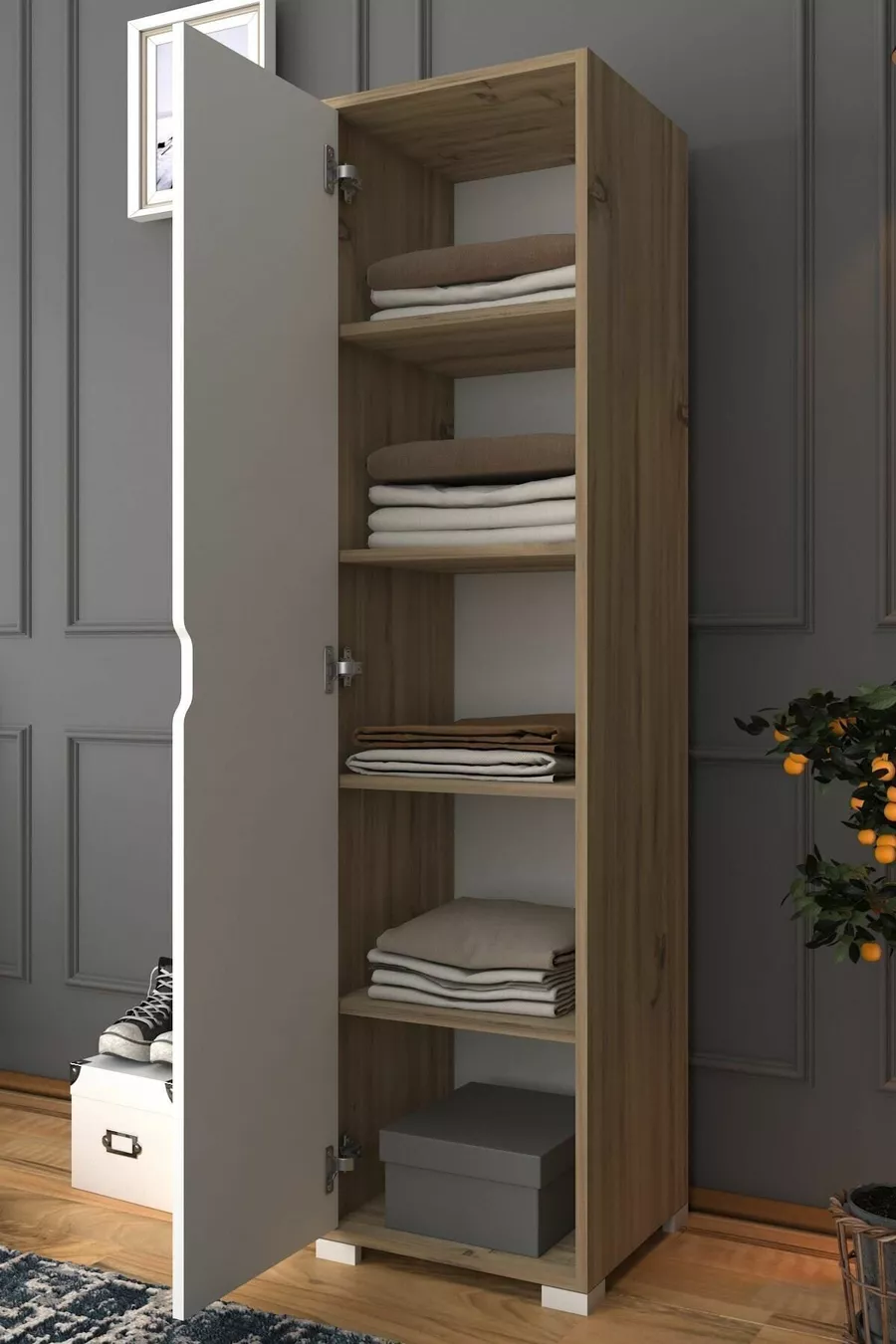 Nisan  cm Lichtnotenhouten-witte 5-planken voorraadkast met enkele deur voor badkamer en kledingkast - Garderobekast