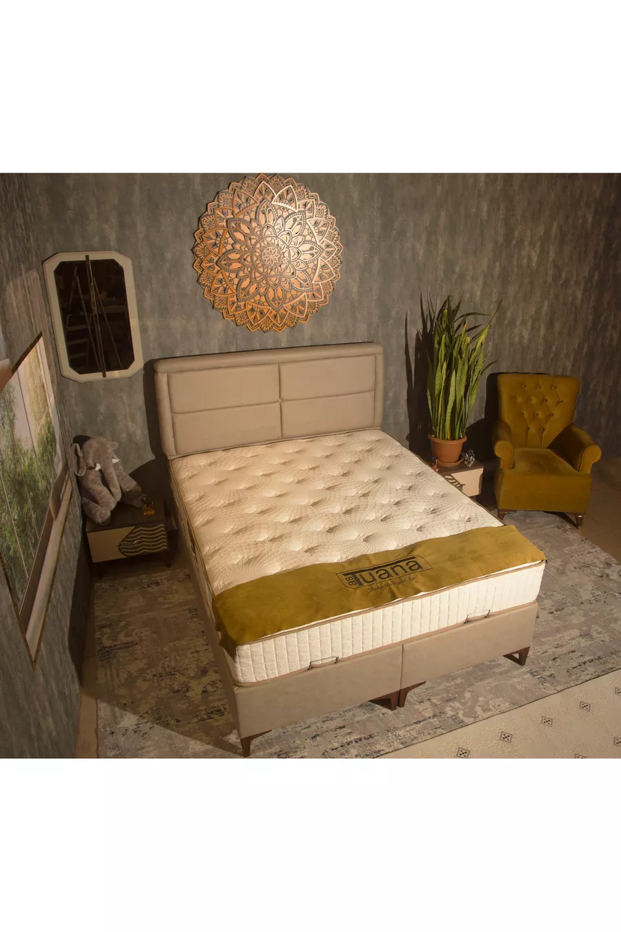 Lit coffre en cuir beige