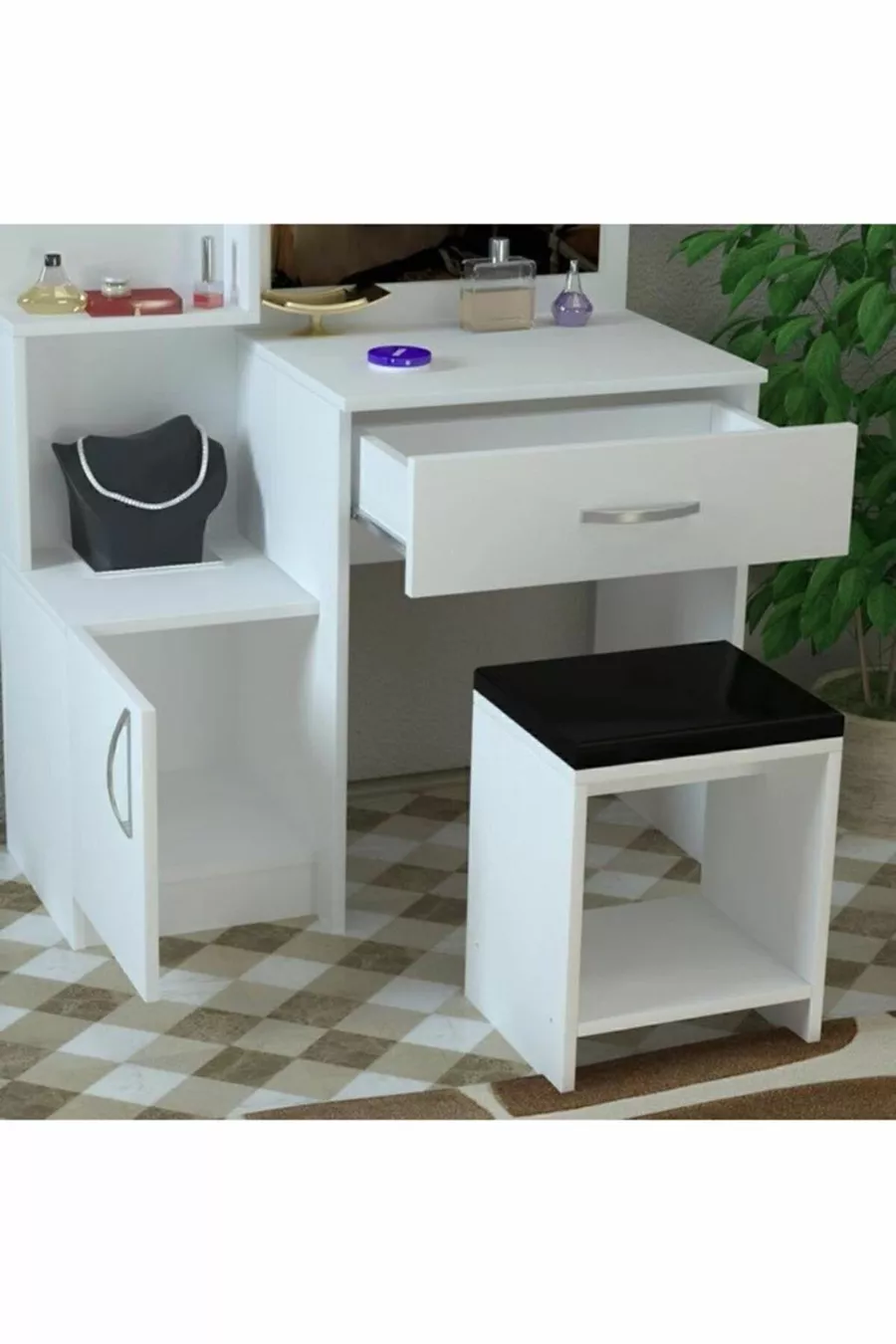 Tavolo da trucco Novella Puf con specchio, con armadietto, cassetti, ripiani, bianco, con cuscino, toilette