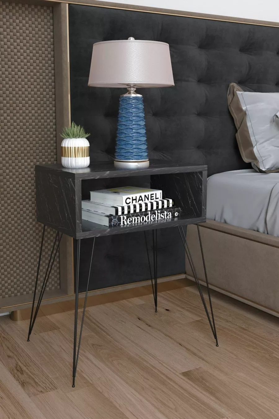 Table de chevet élite en métal avec pieds - Marbre noir