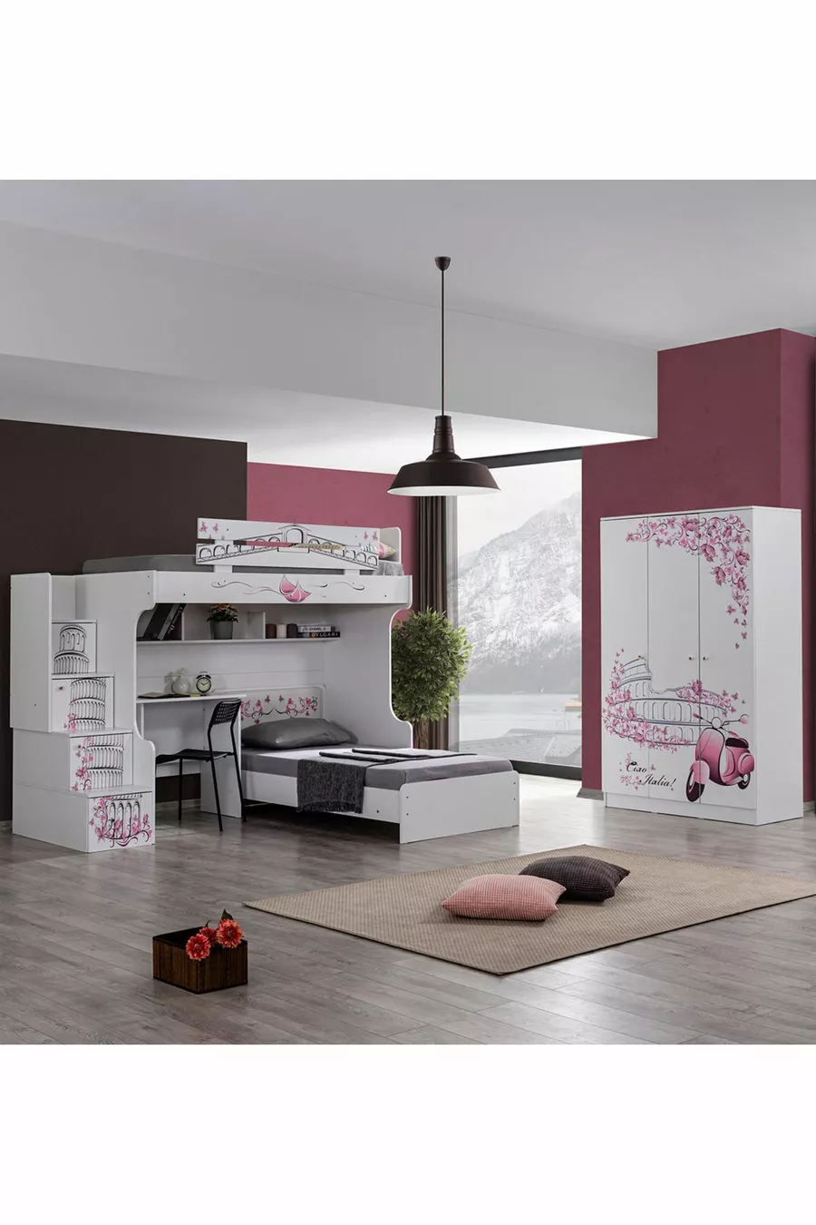 Lits superposés, Lit superposé Pisa, Table, Armoire 3 portes, 2 matelas Comfort