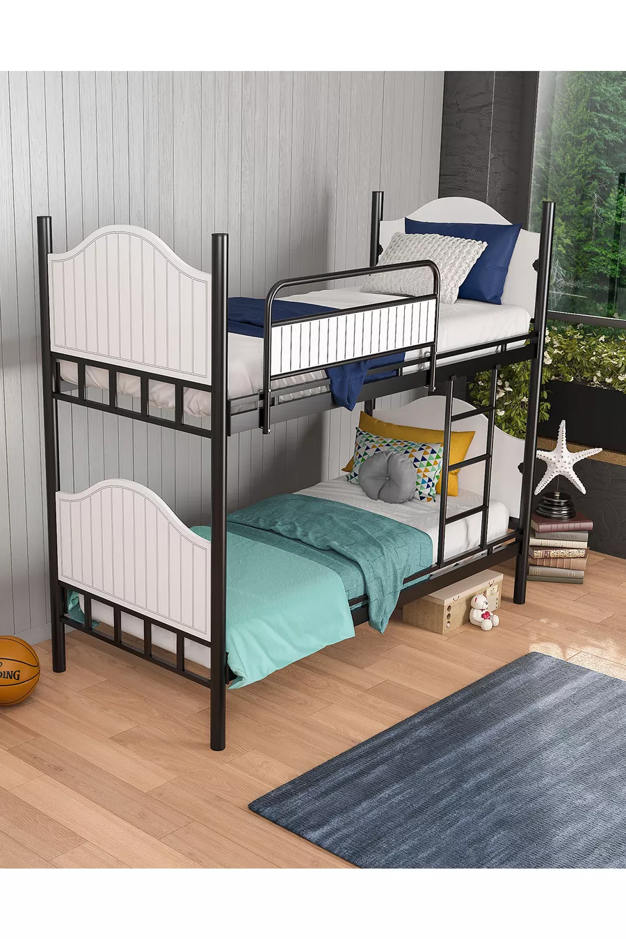 Lit superposé en métal avec tête de lit en bois Pirimis – Chambre d’adolescent, × cm