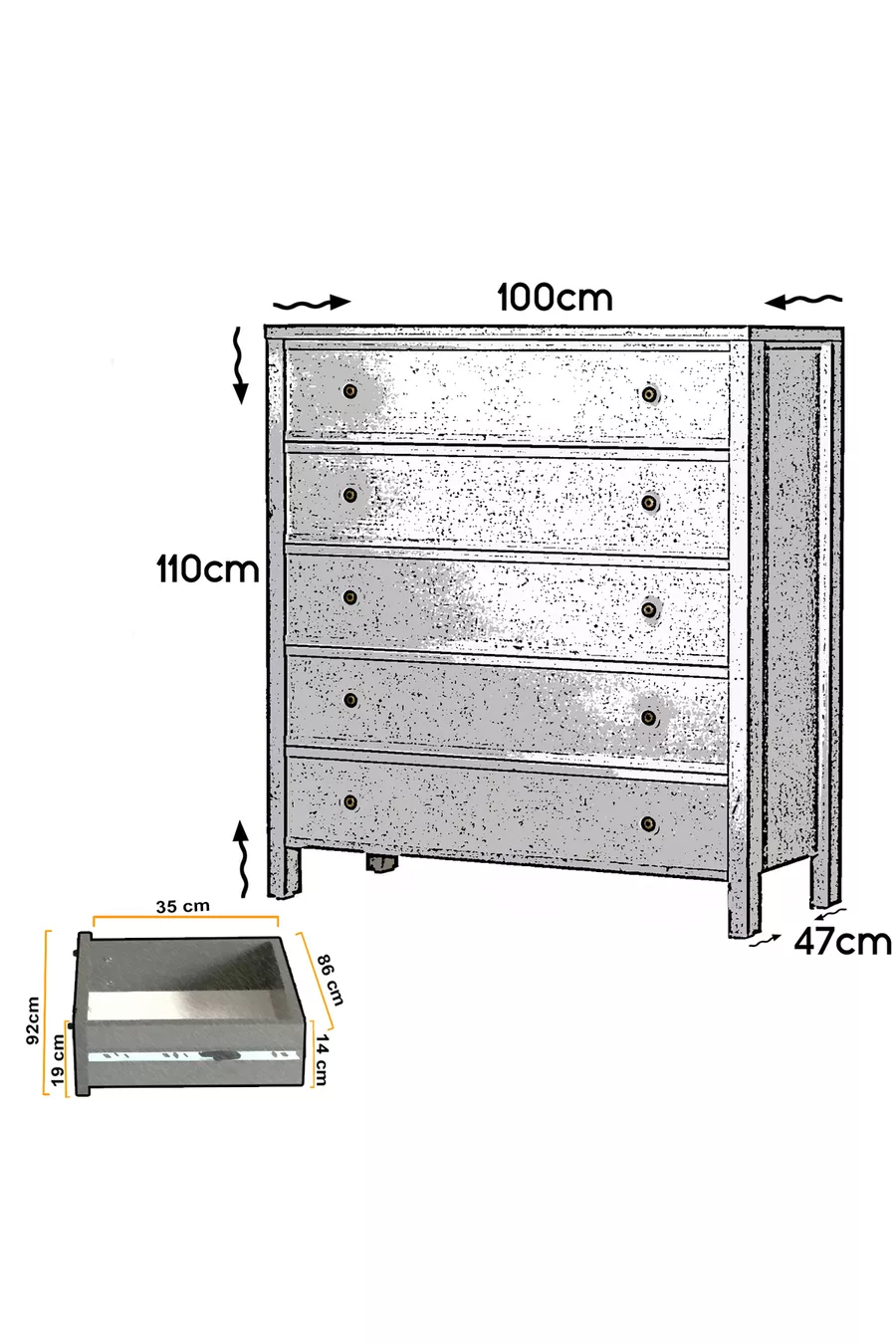 Comò moderno Rio a 5 cassetti con gambe, bianco
