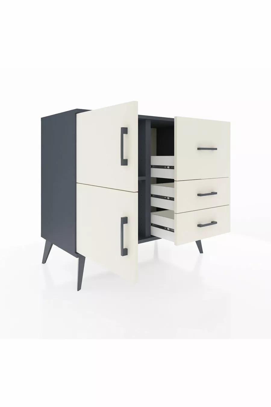 Commode Hyperion à une étagère, 3 tiroirs et 2 portes, Anthracite-Pierres de lune