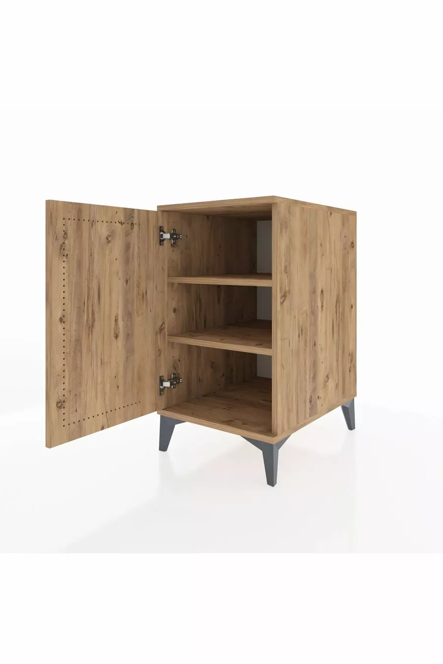 Table de chevet Aura à 2 étagères et 1 porte en pin-Pin | Table de chevet sur pieds hauts