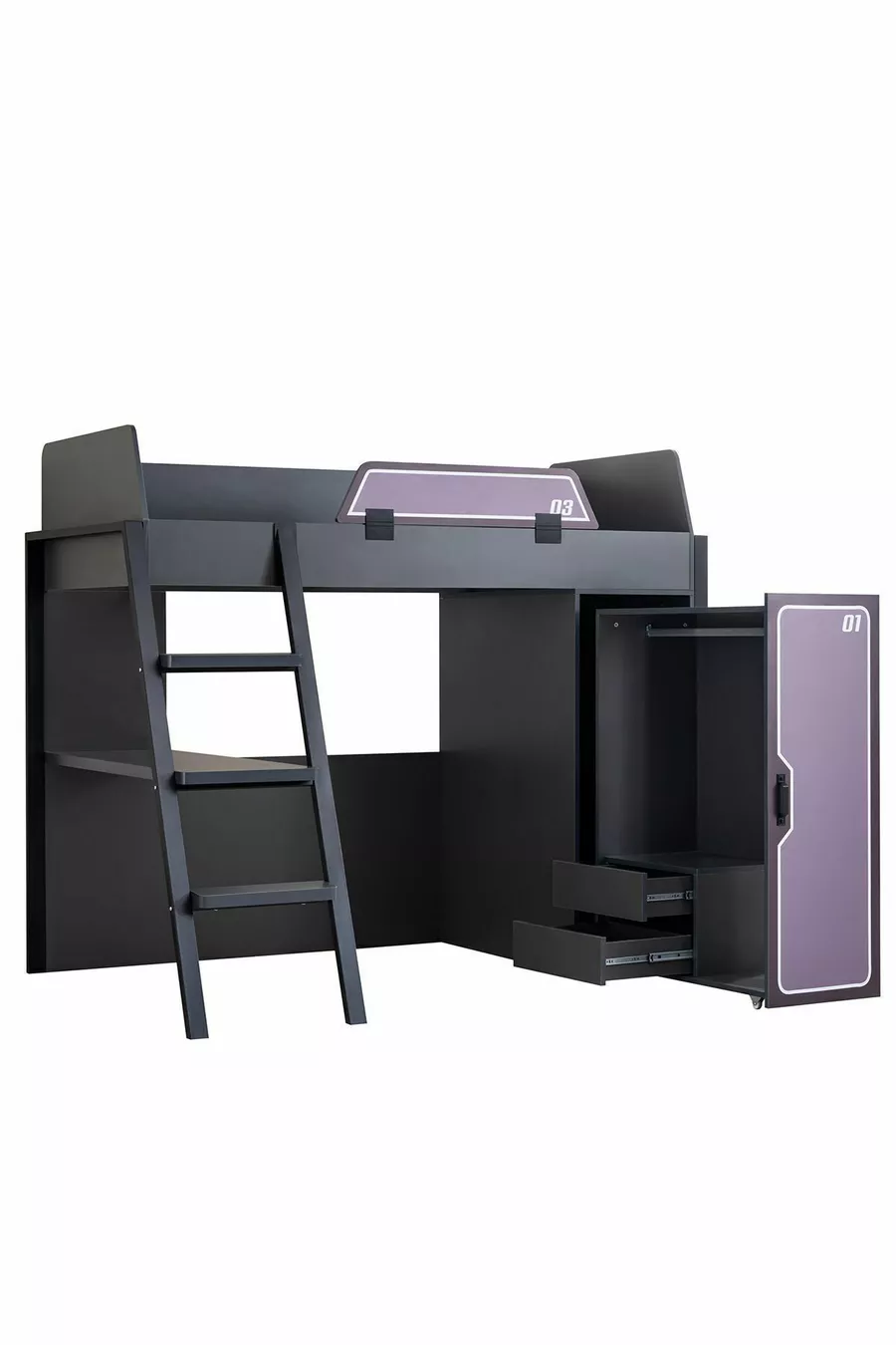Chambre de joueur avec lit superposé, lits mezzanine Gamer avec LED, bureau et armoire