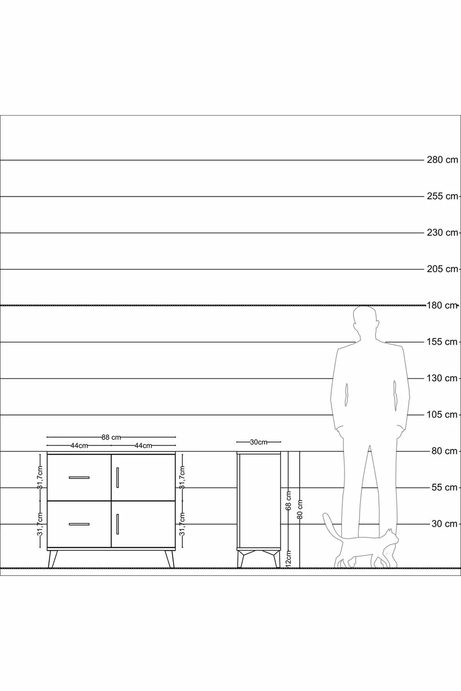 Commode Arges à une étagère, 2 tiroirs et 2 portes Anthracite-Anthracite/Sapin