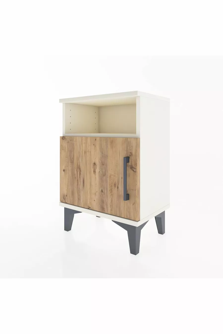 Table de chevet Arges à 2 étagères avec 1 porte, en pierre de lune et pin