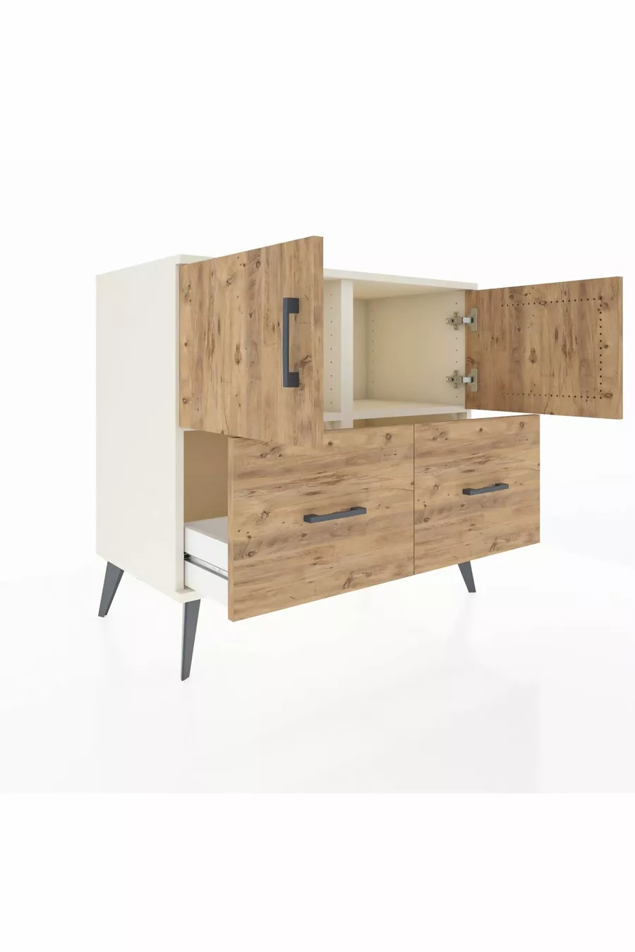 Commode Hyperion avec 2 étagères, 2 tiroirs et 2 portes, Pierre de Lune-Pin