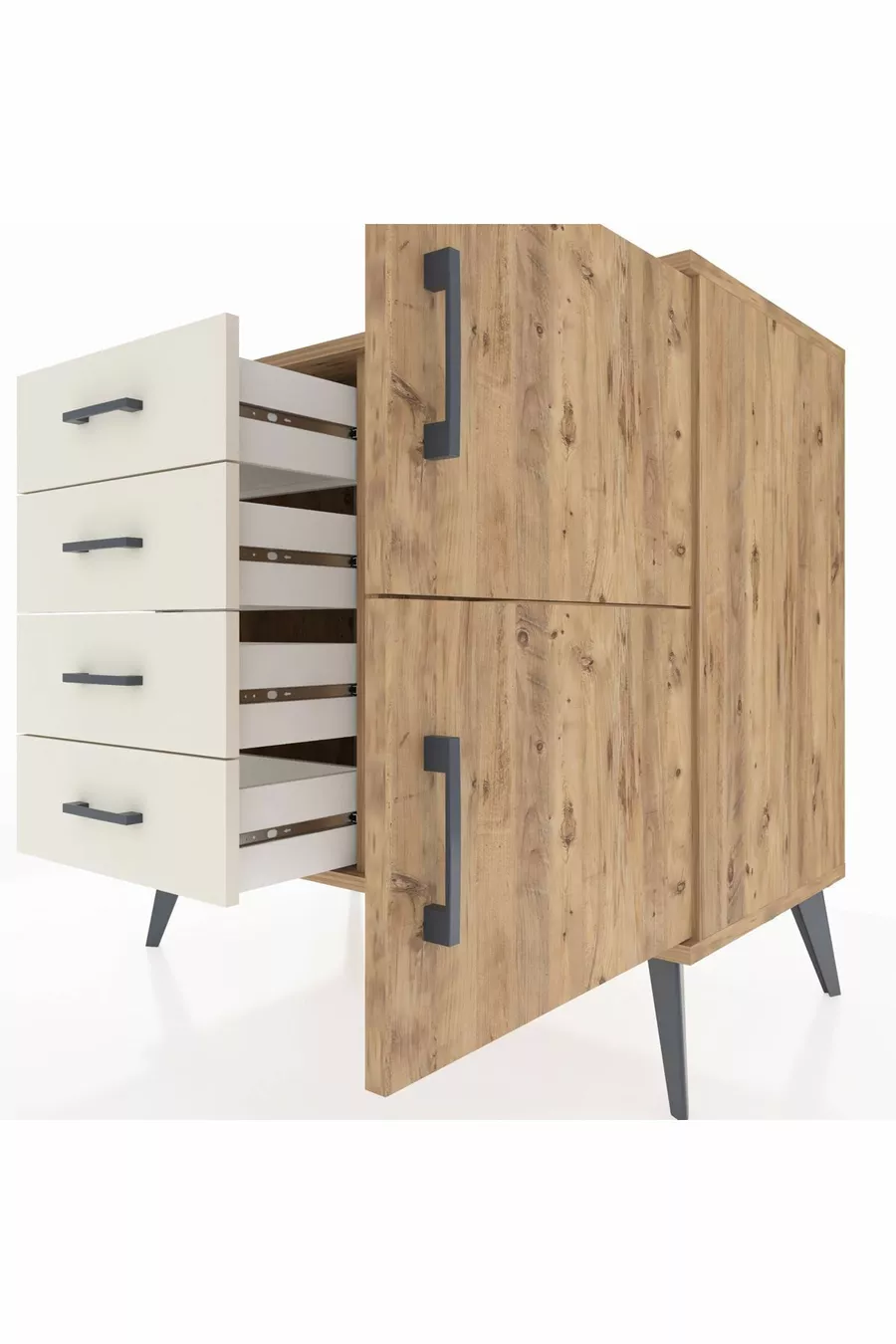 Hyperion Dressoir Met Één Plank, 4 Lades, 2 Deuren, Dennenhout-Dennenhout/Agaatsteen