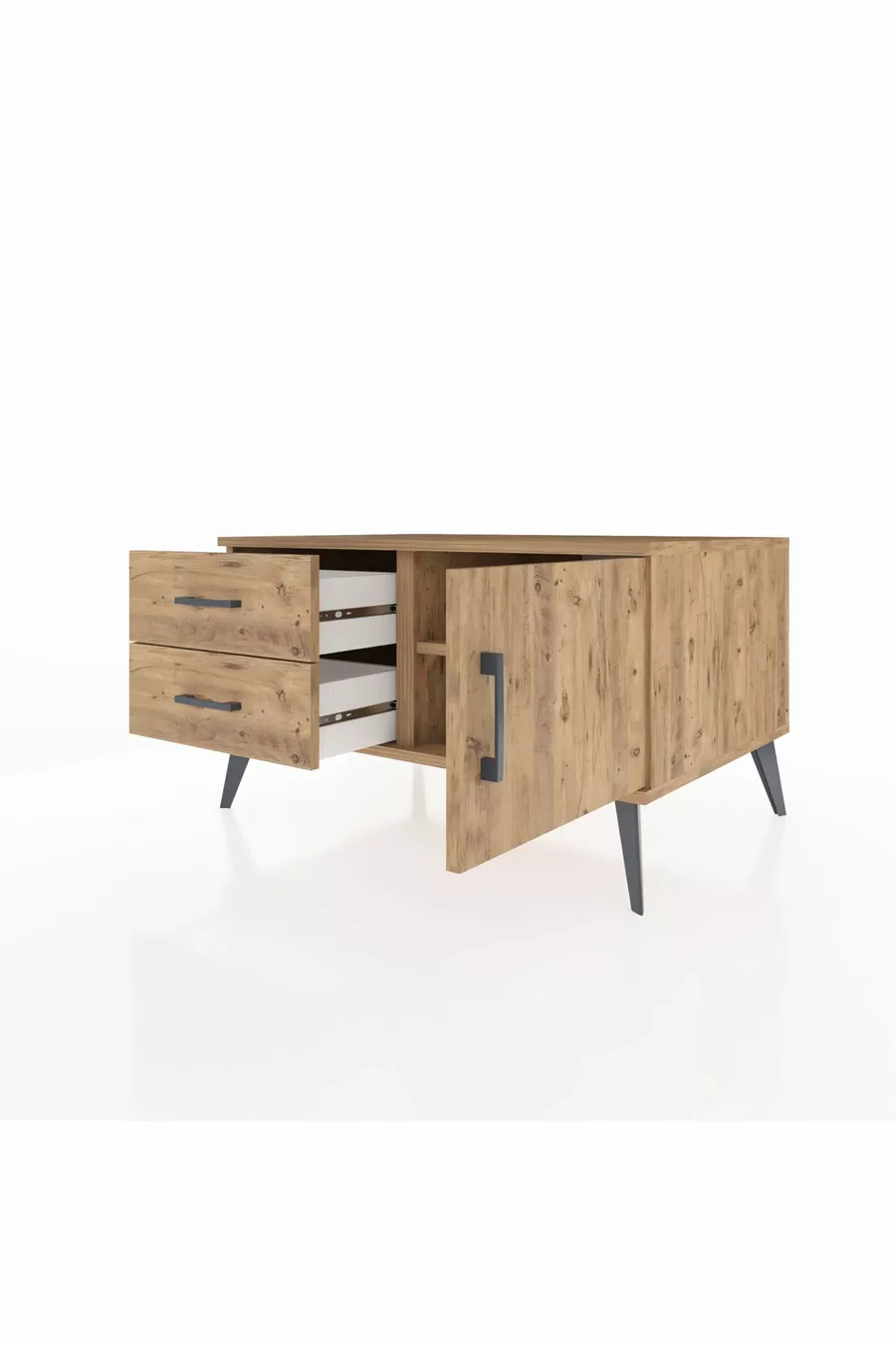 Commode Kronos avec une étagère, 2 tiroirs et une porte, pin-pin
