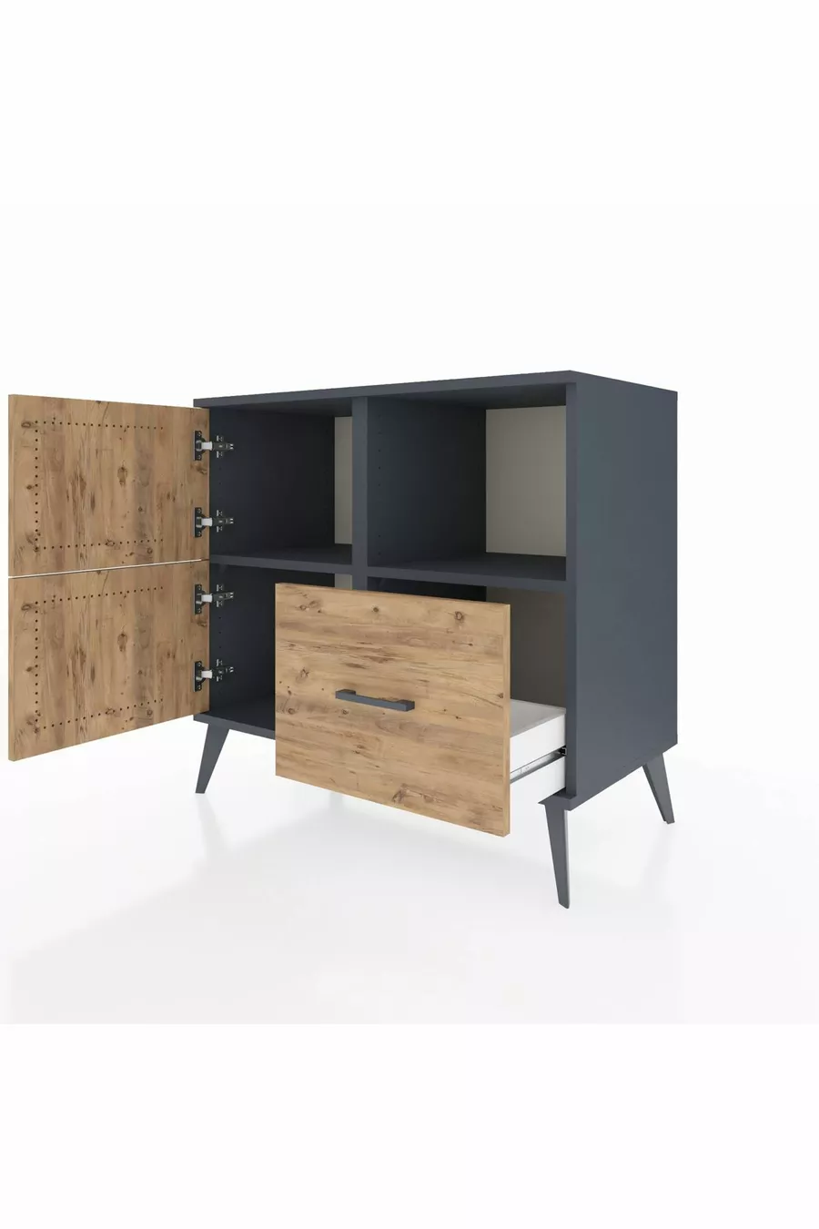 Commode Hyperion 2 étagères 1 tiroir 2 portes Anthracite-Épicéa