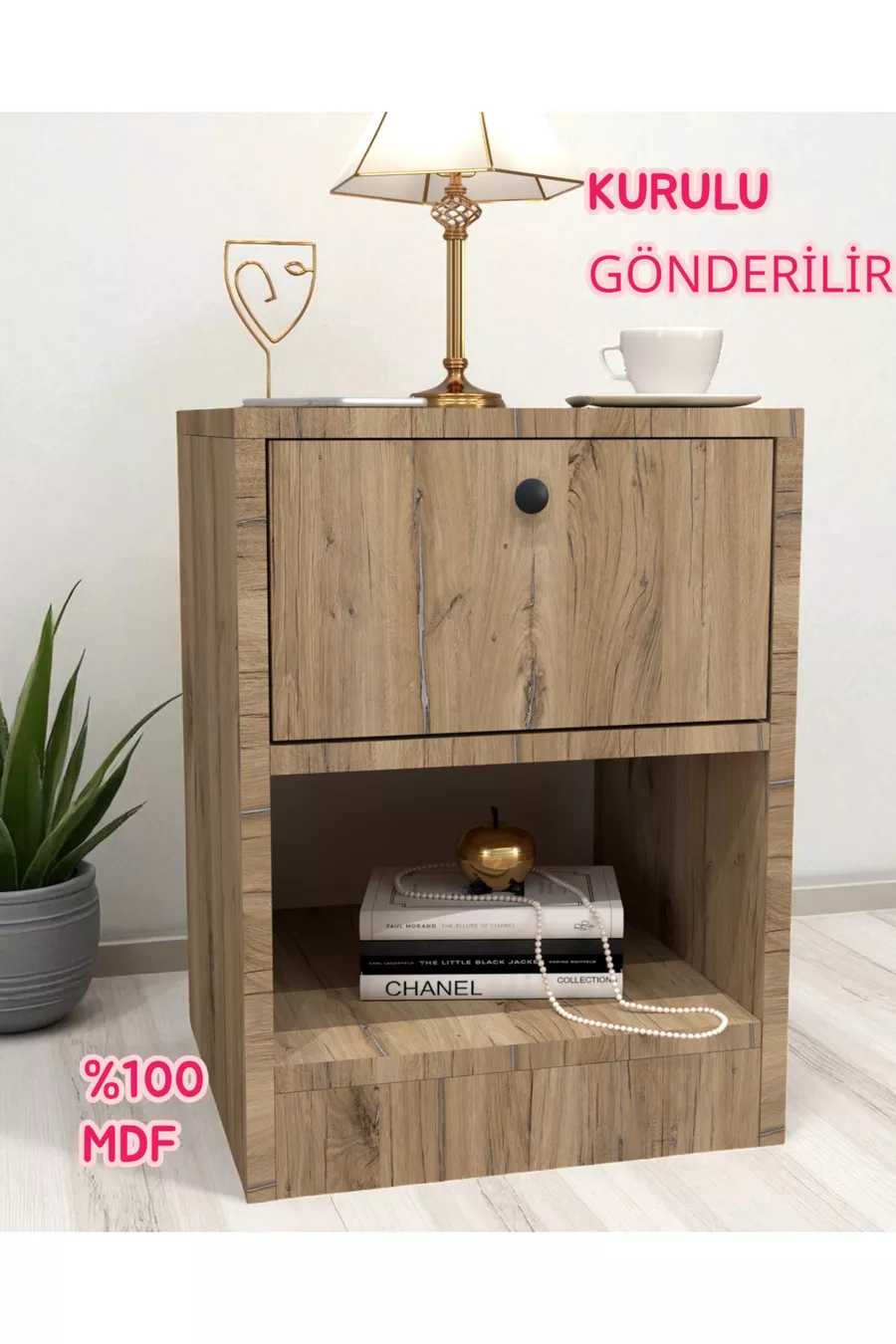Bedside table with lock and secret compartment, MDF, delivered assembled, no assembly required