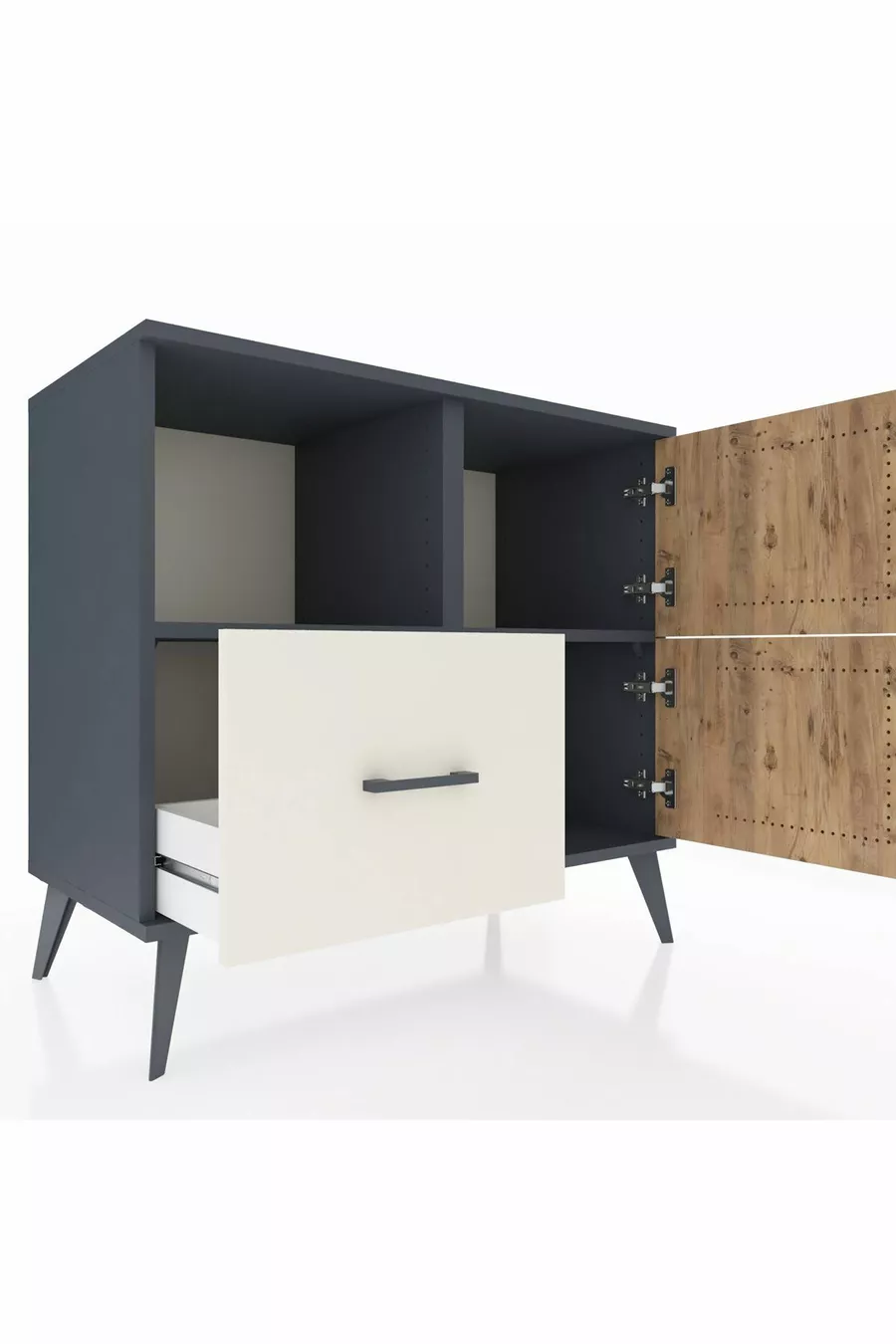 Commode Hyperion à 2 étagères, 1 tiroir, 2 portes, Anthracite-Sapin/Pierre de Lune