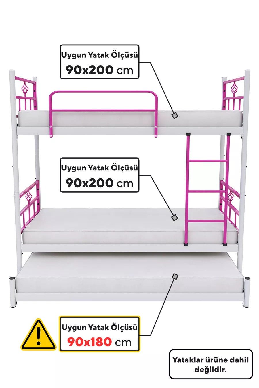 Koza Etagenbett mit Bettfunktion für 3 Personen, Dunkelrosa Metallbett