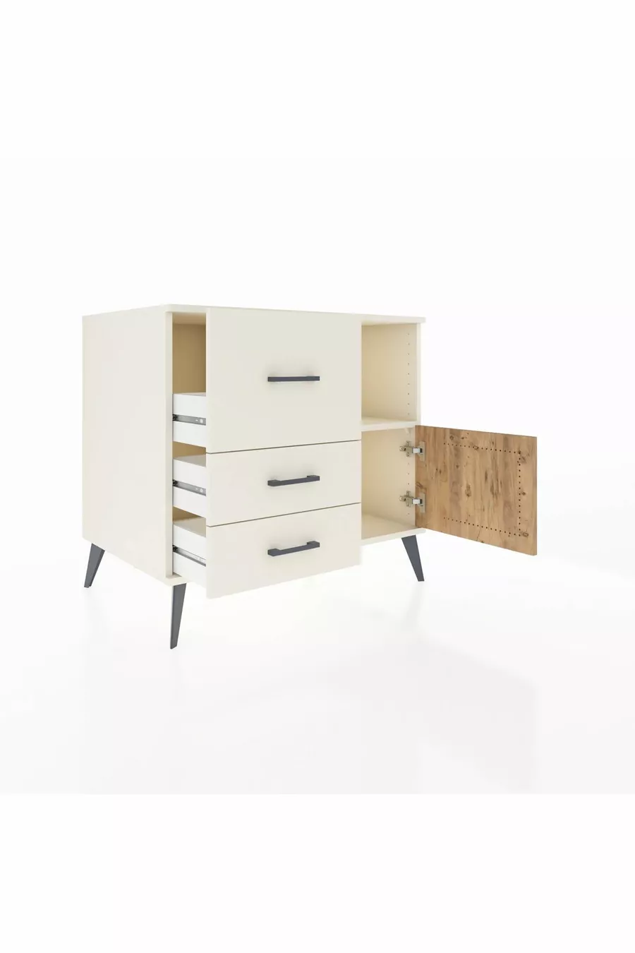 Commode Kronos à une étagère, 3 tiroirs et une porte, Pierre de Lune-Sapin/Pierre de Lune
