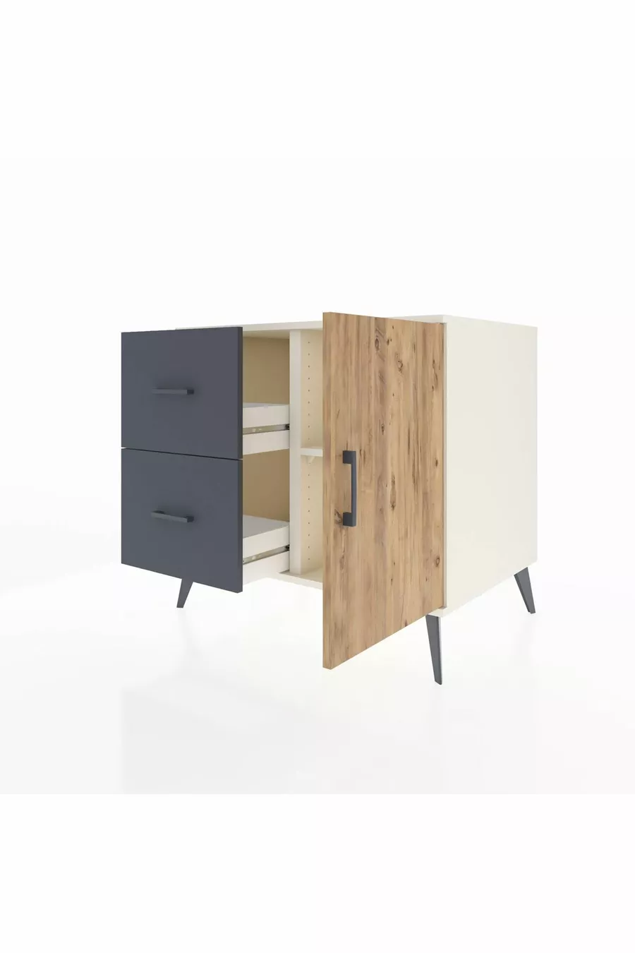 Commode Kronos à une étagère, 2 tiroirs, 1 porte, Pierre de Lune/Pin/Anthracite