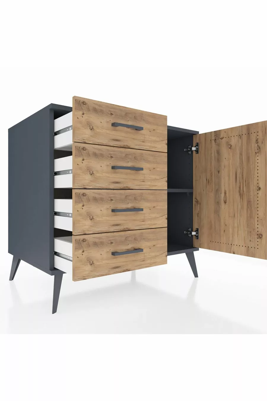 Kronos Commode avec une étagère, 4 tiroirs et une porte, Anthracite-Pin