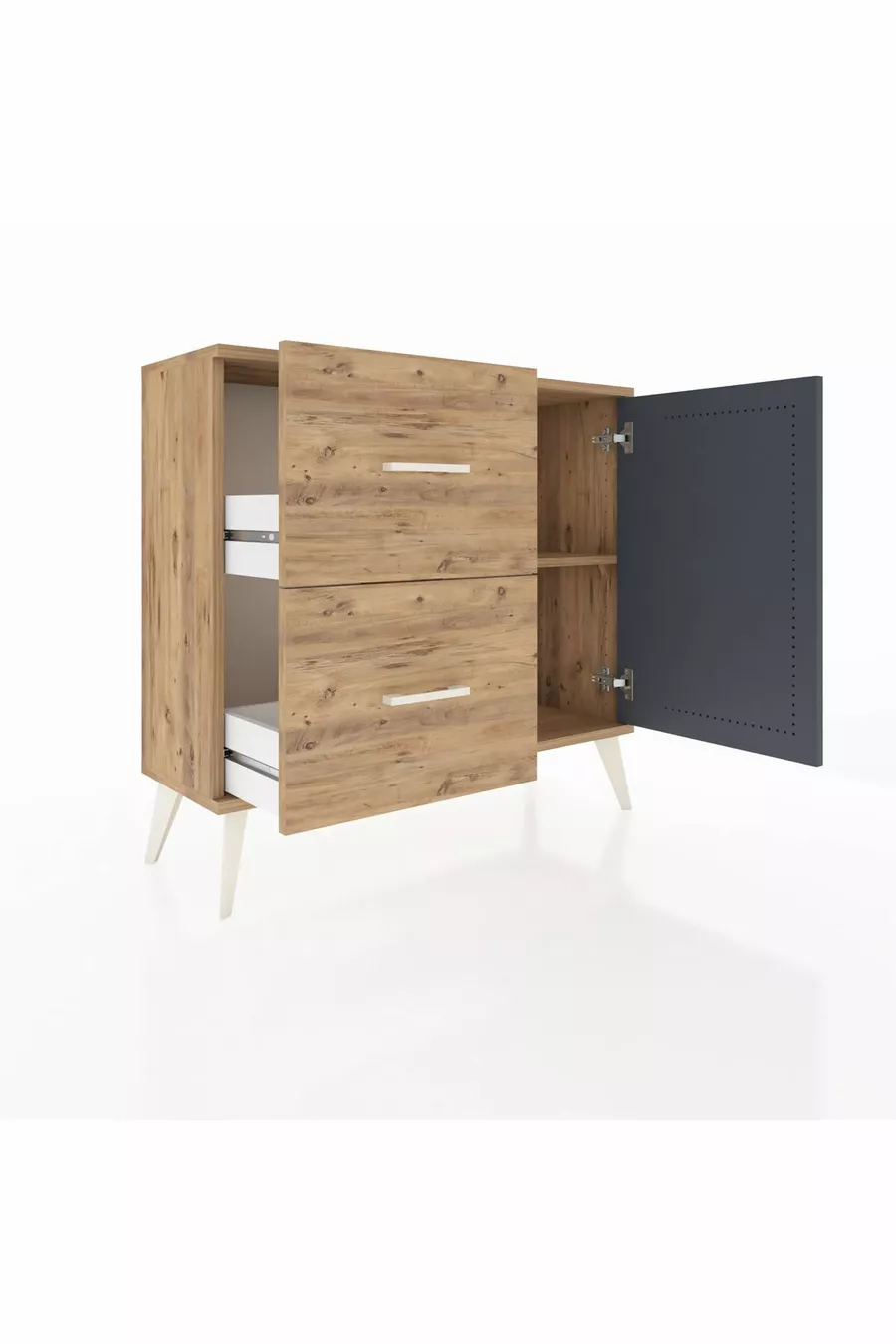 Comò Arges con un solo ripiano, 2 cassetti e una porta, Pino-Antracite/Pino