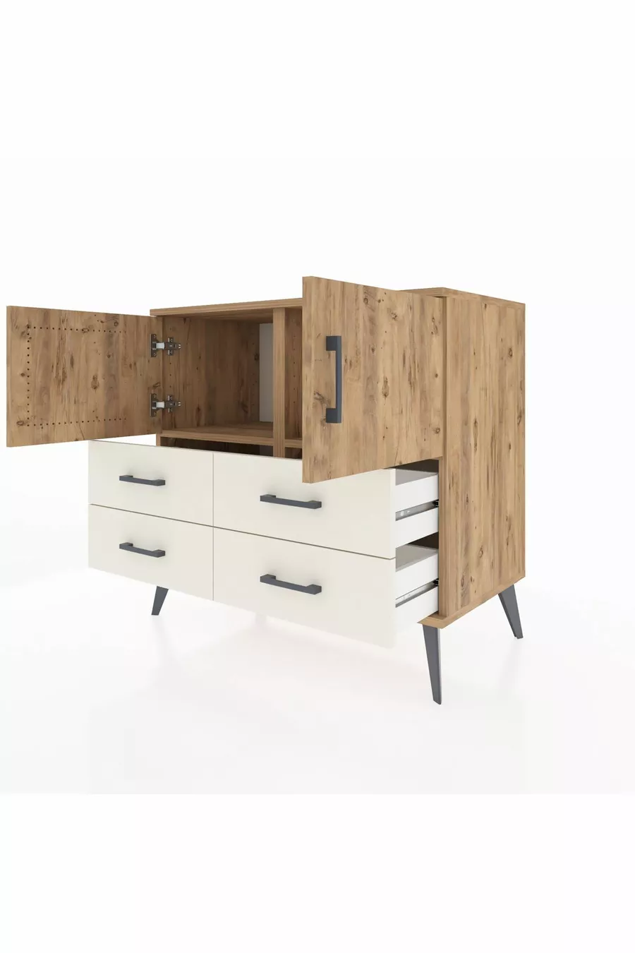 Commode Hyperion avec 2 étagères, 4 tiroirs, 2 portes, en pin-pin/aventurine