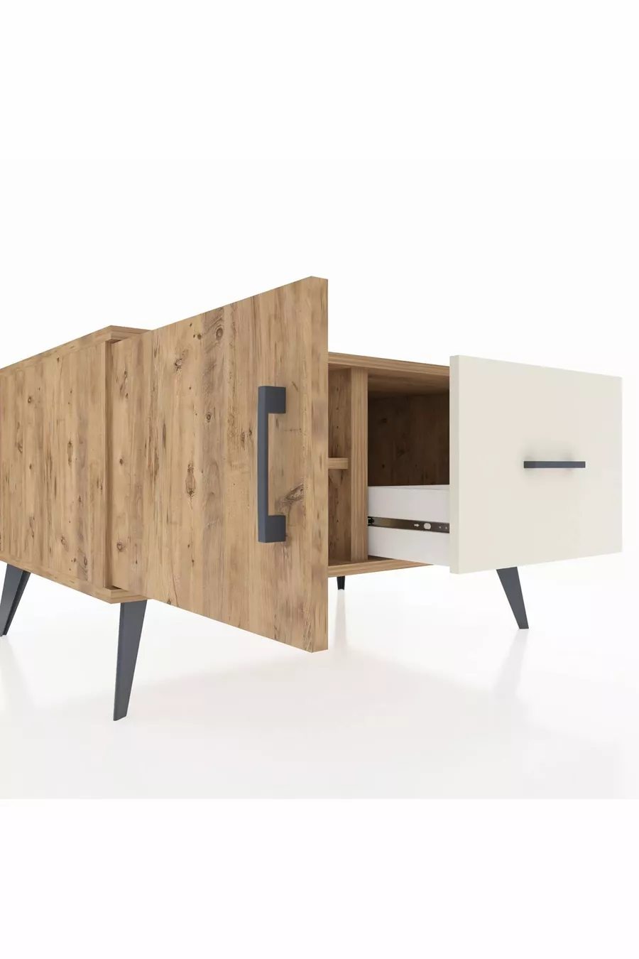 Commode Kronos avec une étagère, un tiroir et une porte, Pins-Pins / Pierre de lune