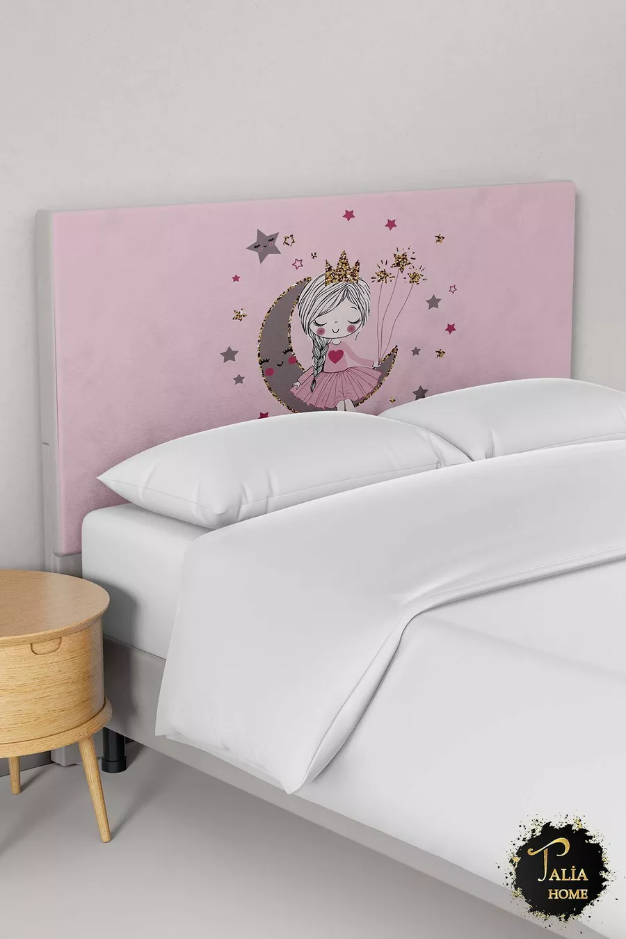 Housse de tête de lit avec motif de fille assise sur la Lune rose
