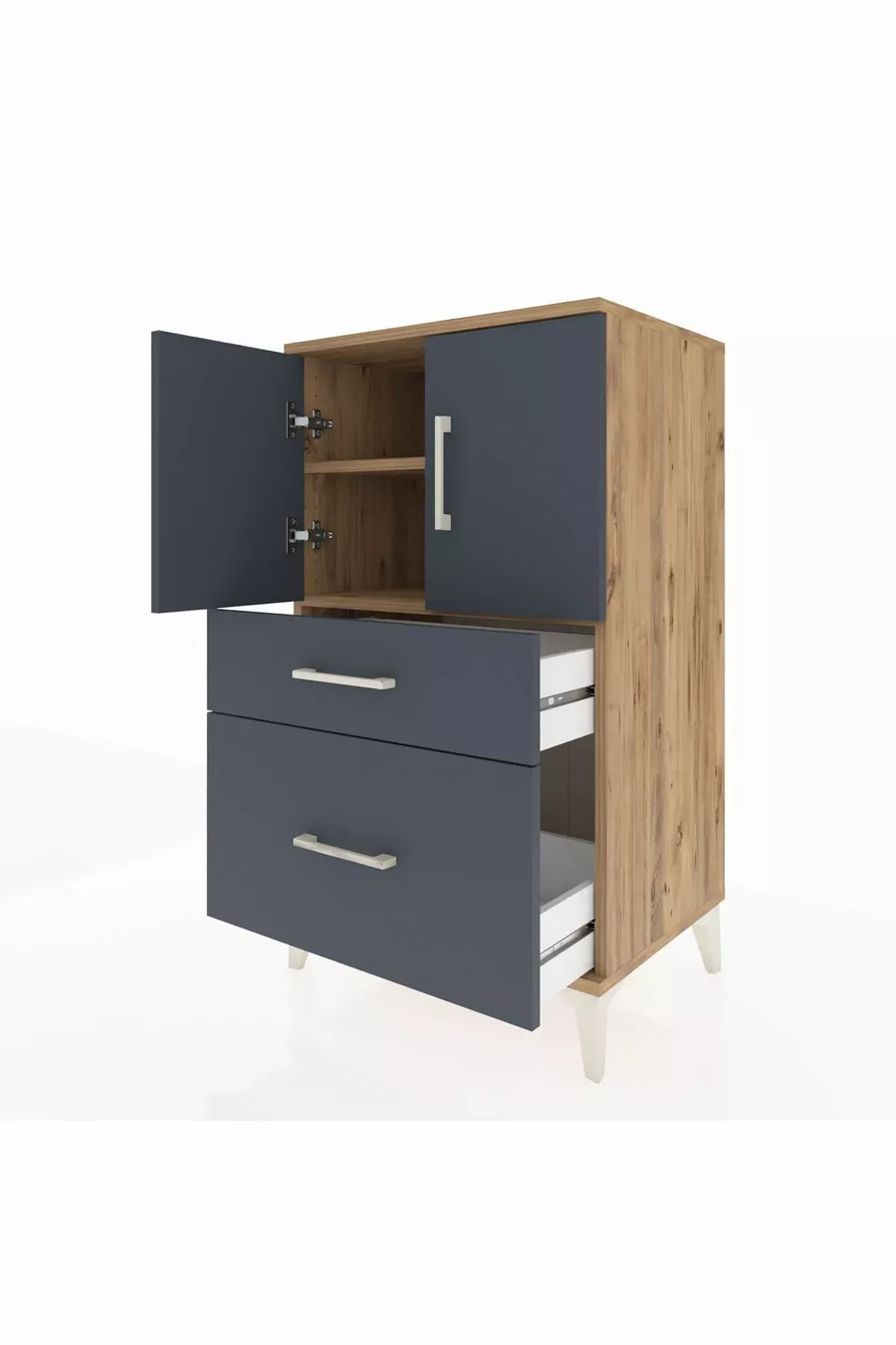 Commode Hyperion à 2 étagères, 2 tiroirs, 2 portes, Pins-Anthracite