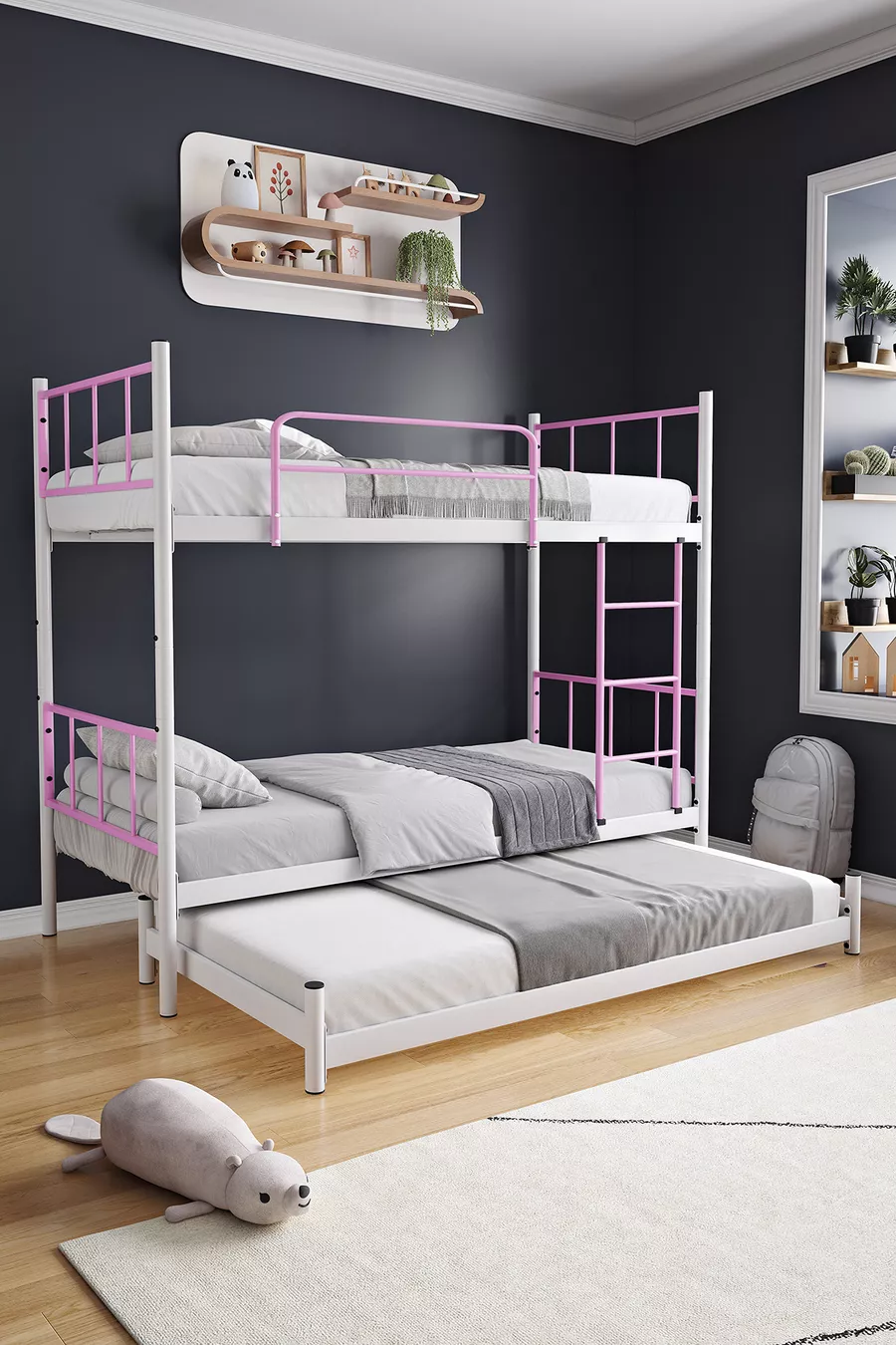 Letto a castello Tekno con cassetti, compatibile per 3 persone, colore rosa chiaro, in metallo