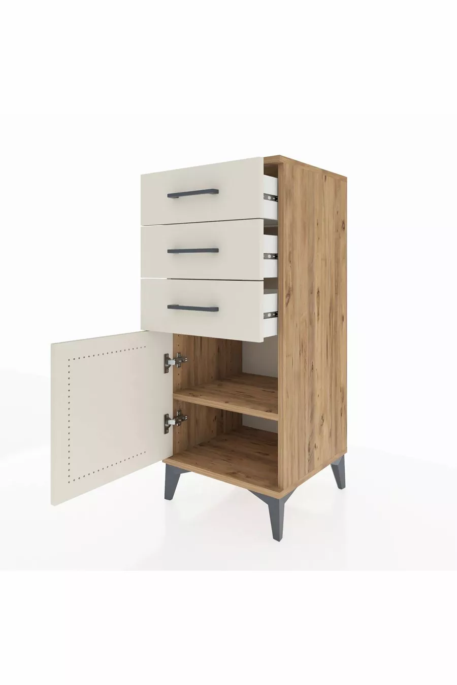 Commode Hyperion avec une étagère, 3 tiroirs et une porte, en pin et travertin