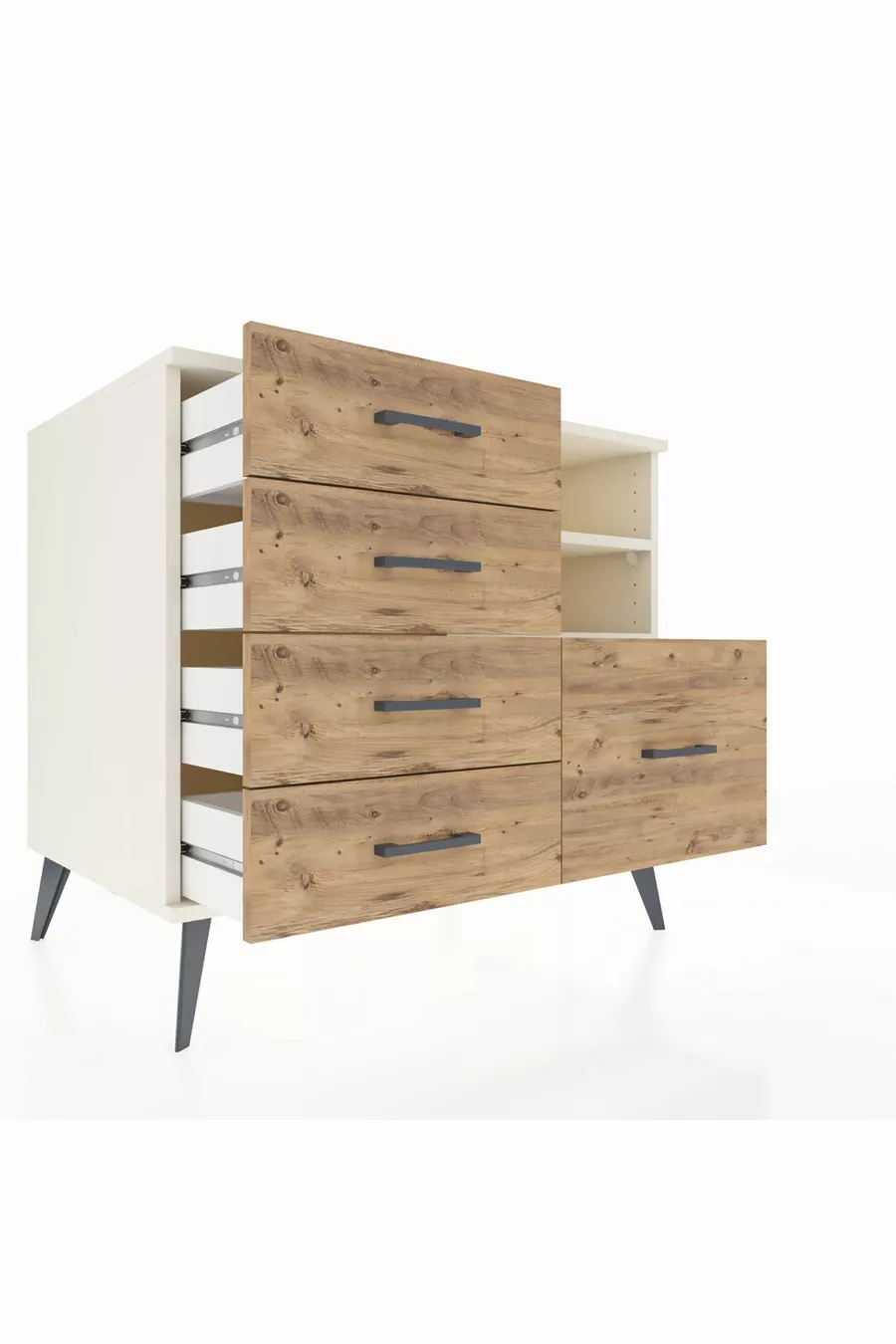 Kronos Dresser with 2 Shelves and 5 Drawers, Moonstone/Moonstone/Pine