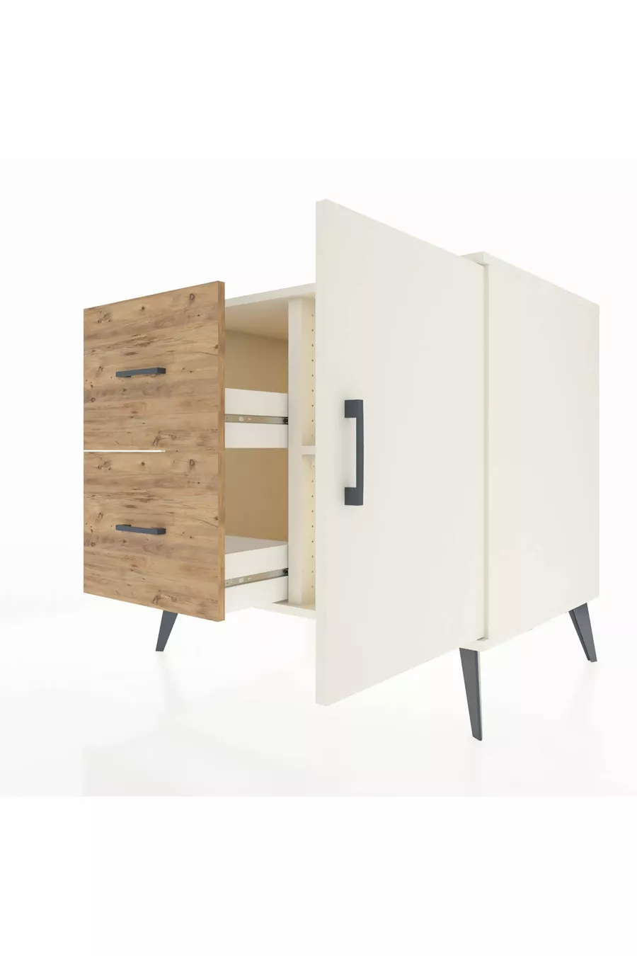 Commode Kronos à une étagère, deux tiroirs et une porte, couleur Pierre de Lune / Pin