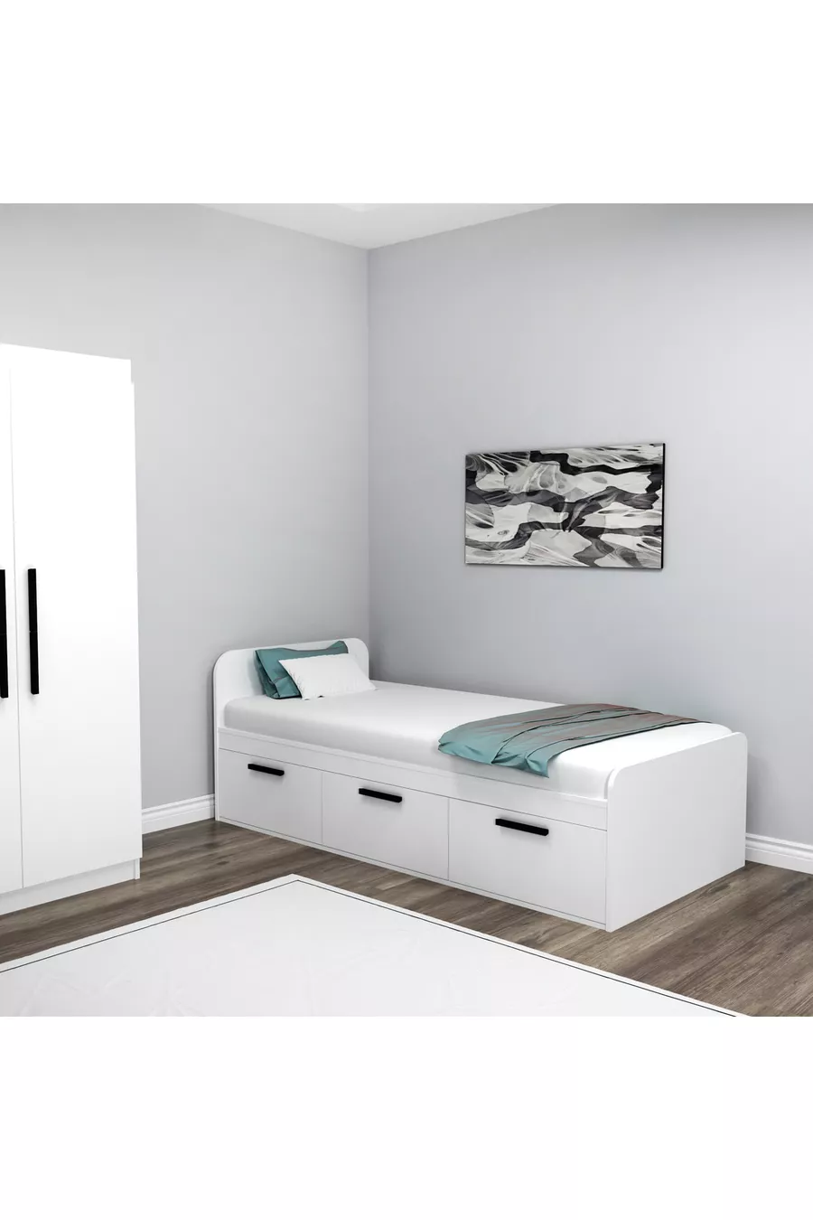 Akser Jongenskamer 4-delig Set – Wit (Bureau, Bed, Kast, Wandplank)
