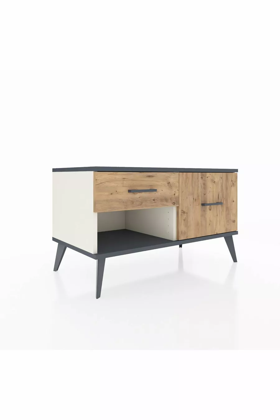 Commode Hyperion 2 tiroirs Pierre de lune-Anthracite/Sapin